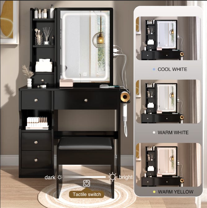 THE FURNITURE CO. Vanity Default Small Space Left Drawer Desktop Vanity Table With Cushioned Stool 2 AC 2 USB Power Station LED Mirror Brightness Adjustable In Black