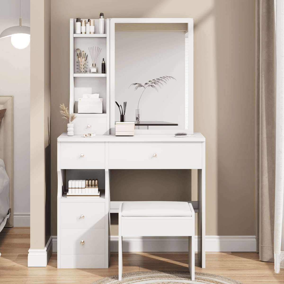 THE FURNITURE CO. Vanity Default Small Space Left Drawer Desktop Vanity Table With Cushioned Stool Extra Large Right Sliding Mirror Multi Layer Storage In White
