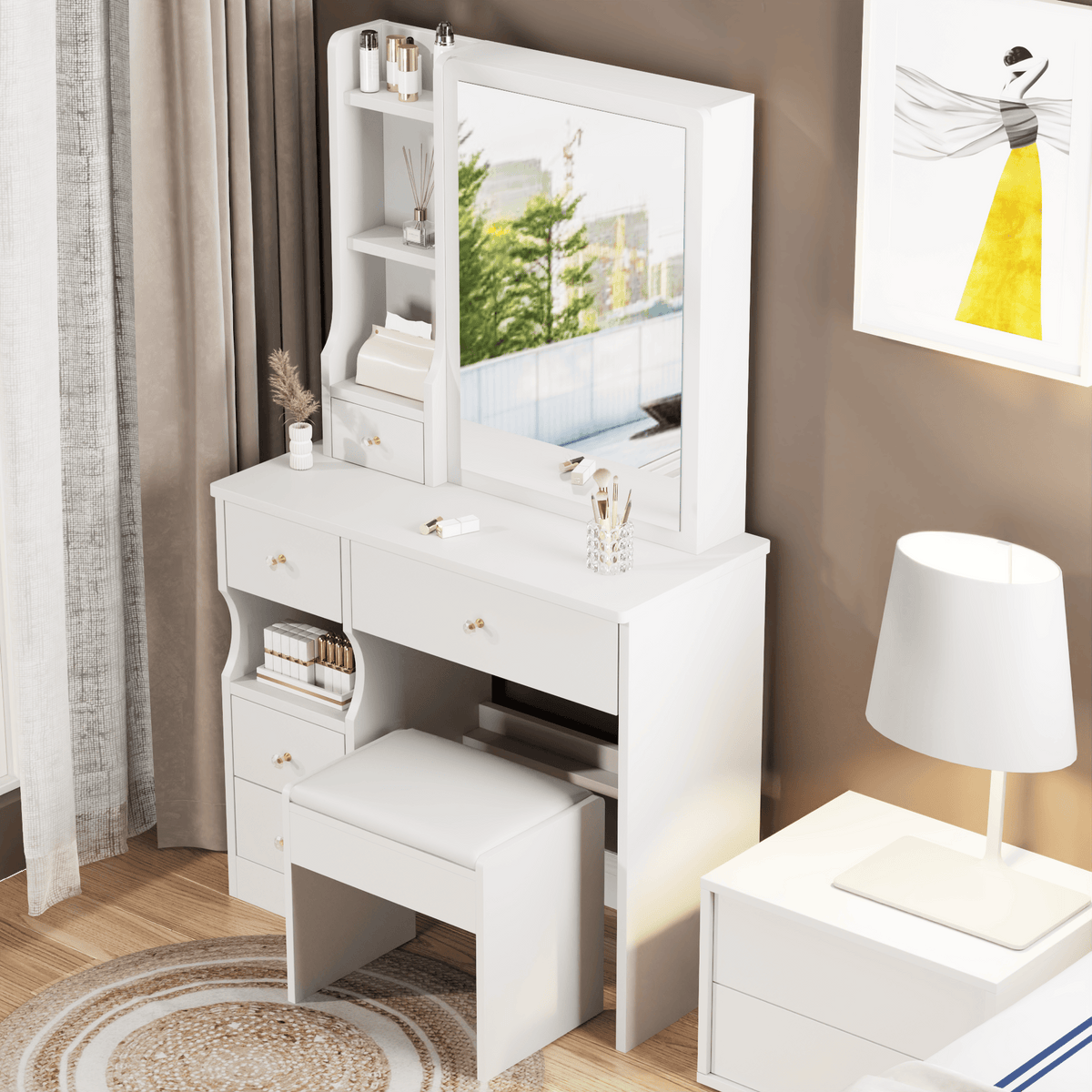 THE FURNITURE CO. Vanity Default Small Space Left Drawer Desktop Vanity Table With Cushioned Stool Extra Large Right Sliding Mirror Multi Layer Storage In White