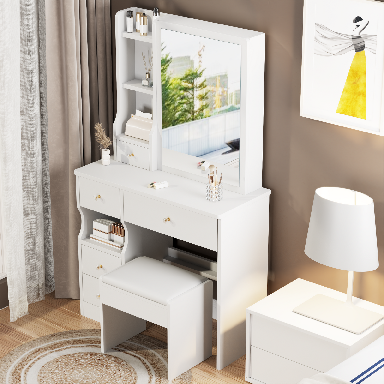 THE FURNITURE CO. Vanity Default Small Space Left Drawer Desktop Vanity Table With Cushioned Stool Extra Large Right Sliding Mirror Multi Layer Storage In White