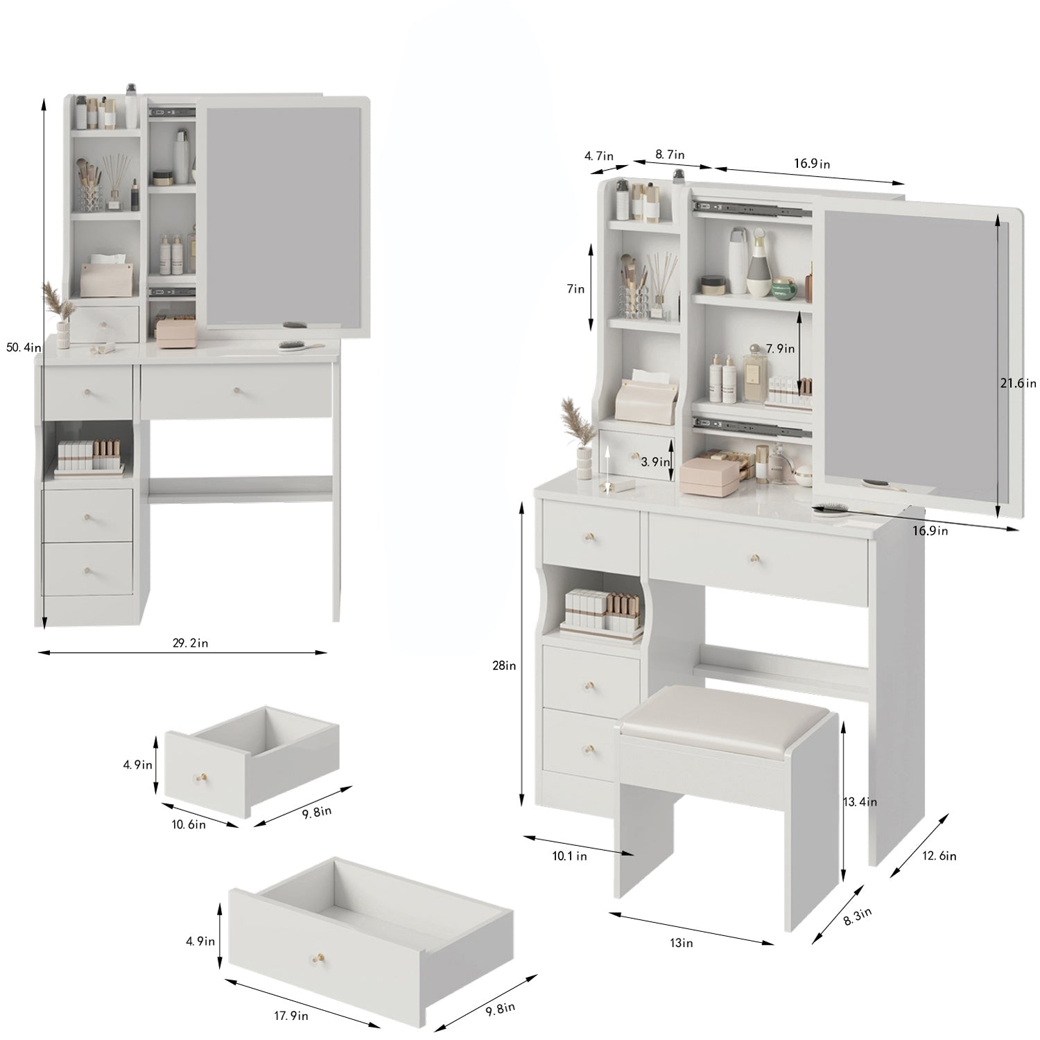 THE FURNITURE CO. Vanity Default Small Space Left Drawer Desktop Vanity Table With Cushioned Stool Extra Large Right Sliding Mirror Multi Layer Storage In White