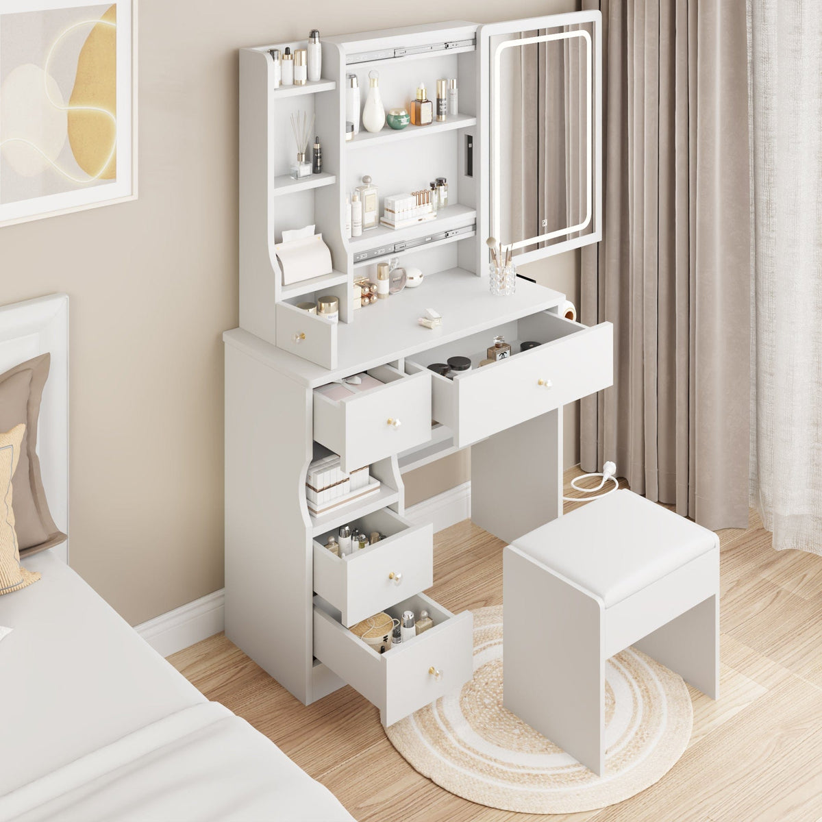 THE FURNITURE CO. Vanity Default Small Space Left Drawer Vanity Table With Cushioned Stool, 2 AC+2 USB Power Station, Extra Large LED Mirror, Tri-color Switching In White