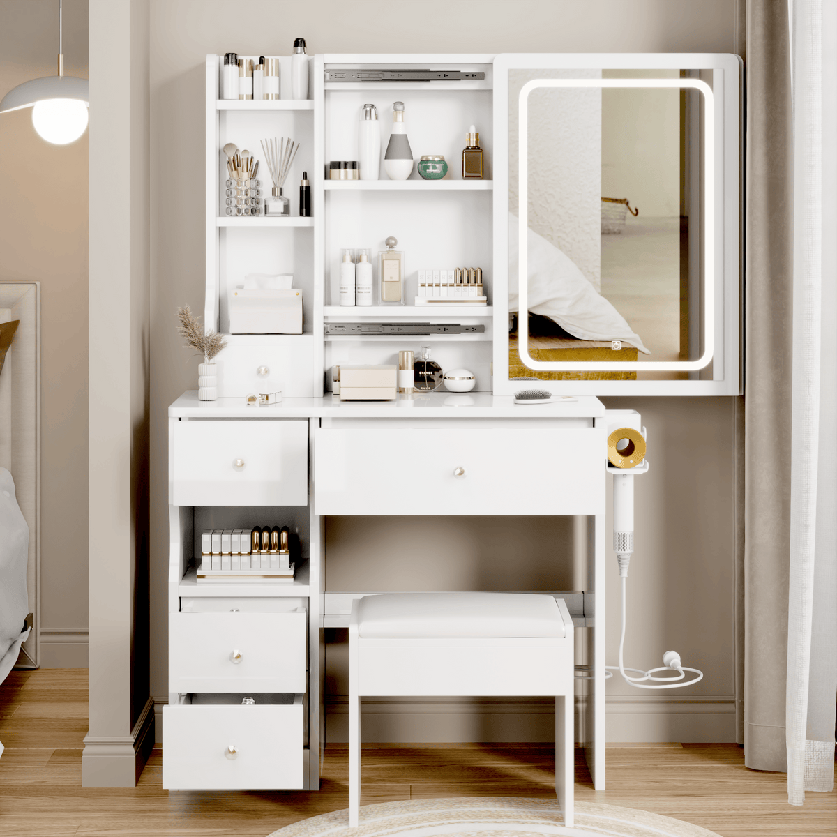 THE FURNITURE CO. Vanity Default Small Space Left Drawer Vanity Table With Cushioned Stool, 2 AC+2 USB Power Station, Extra Large LED Mirror, Tri-color Switching In White