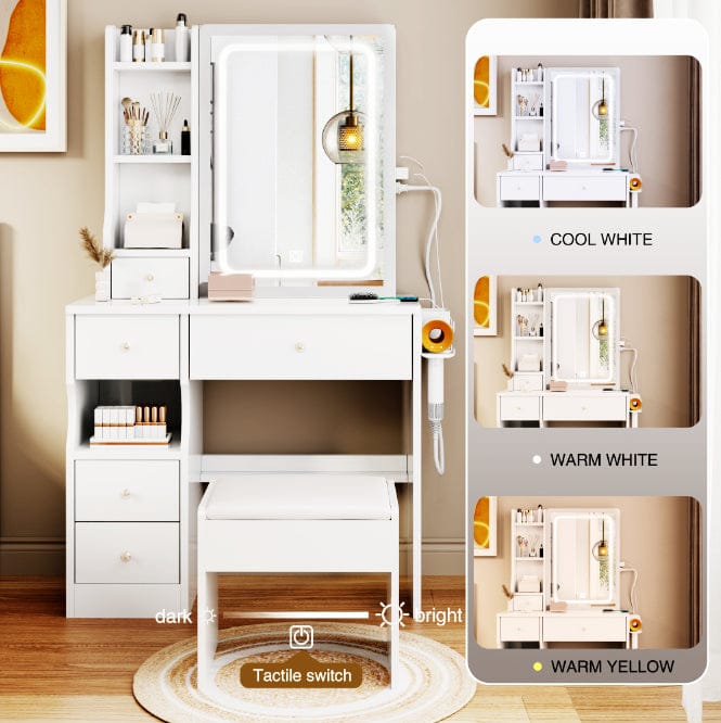 THE FURNITURE CO. Vanity Default Small Space Left Drawer Vanity Table With Cushioned Stool, 2 AC+2 USB Power Station, Extra Large LED Mirror, Tri-color Switching In White