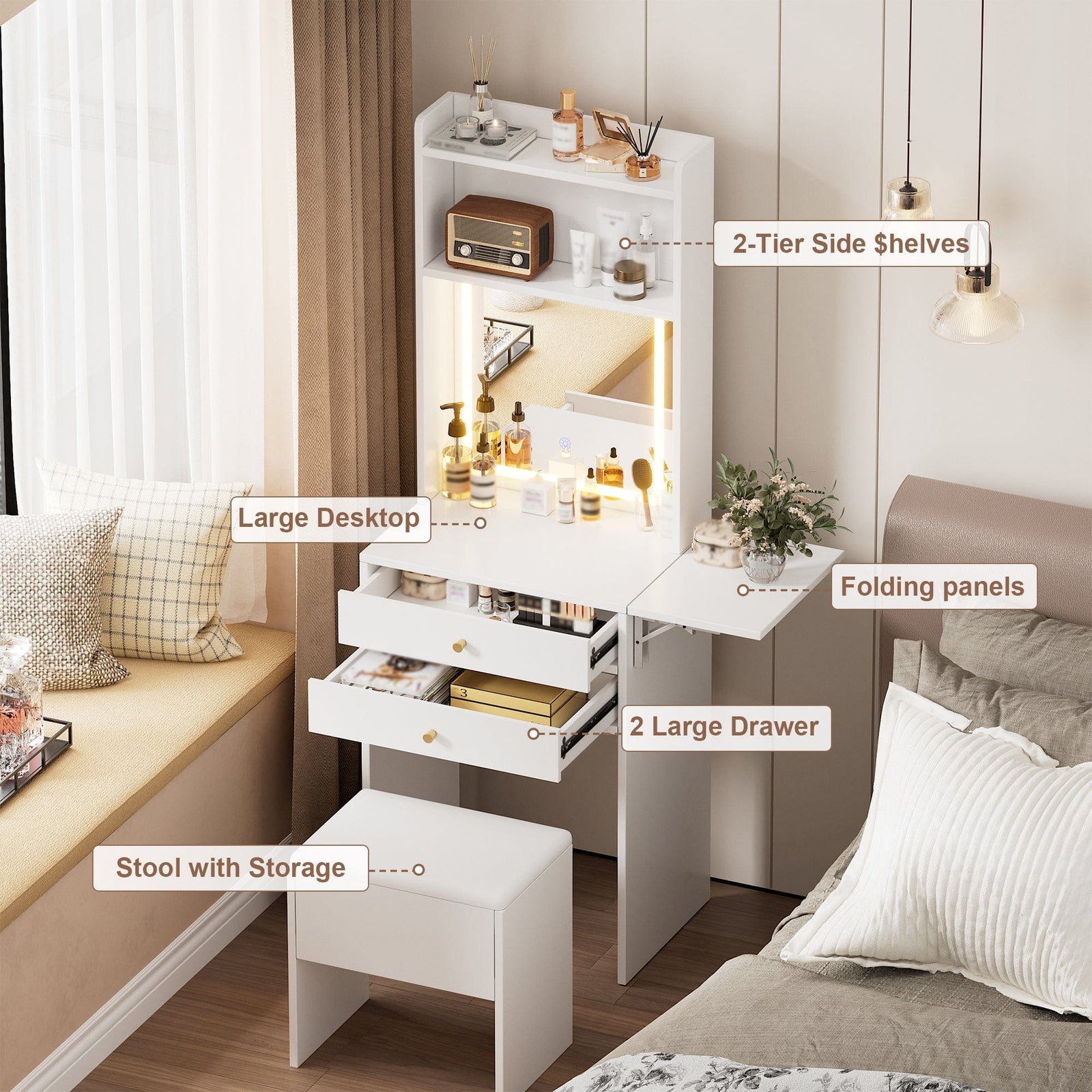 THE FURNITURE CO. Vanity Default Small Space Vanity Table Set with Lighted Mirror and Storage Chair In White