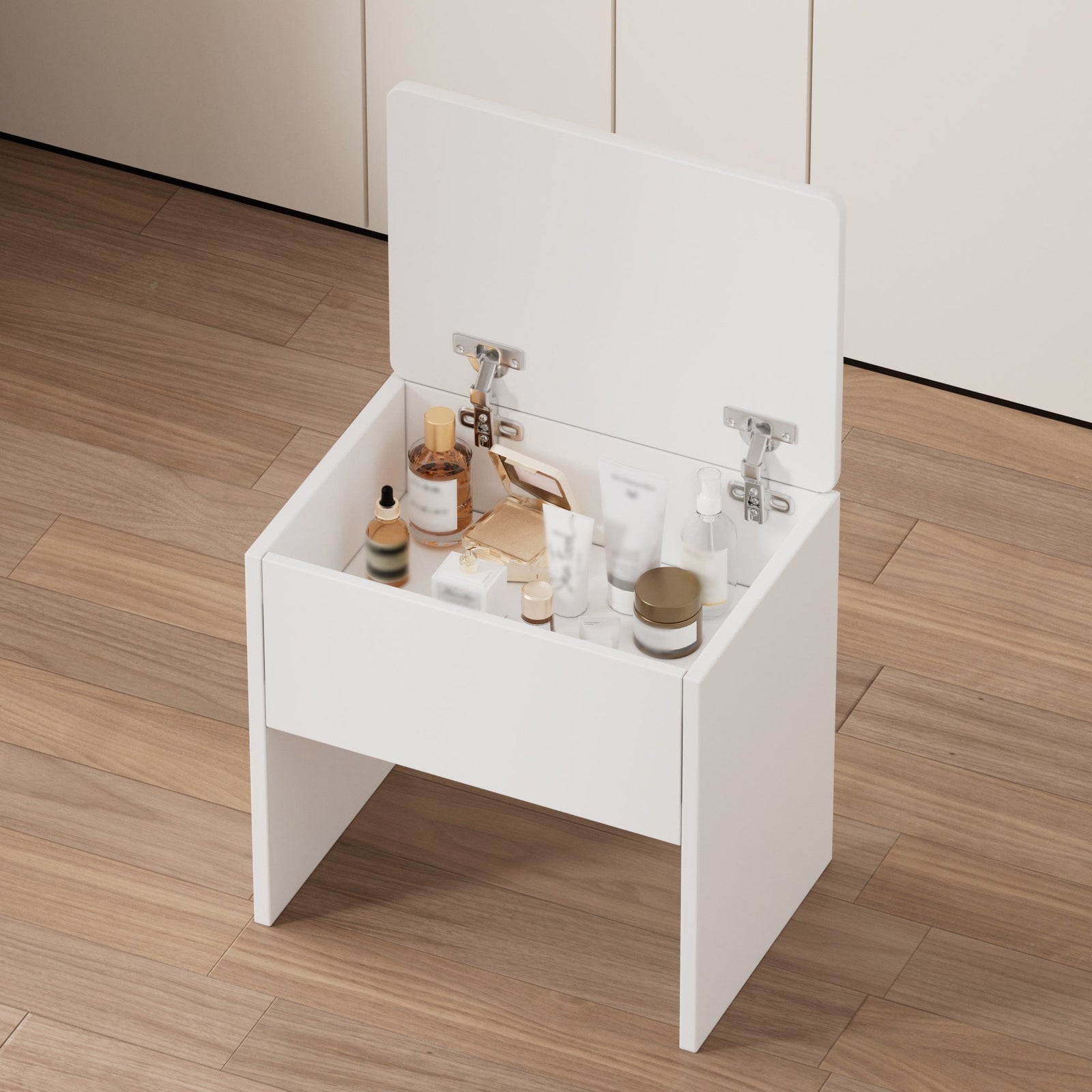 THE FURNITURE CO. Vanity Default Small Space Vanity Table Set with Lighted Mirror and Storage Chair In White