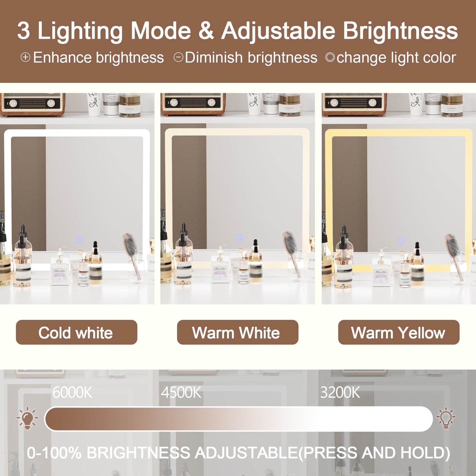 THE FURNITURE CO. Vanity Default Small Space Vanity Table Set with Lighted Mirror and Storage Chair In White