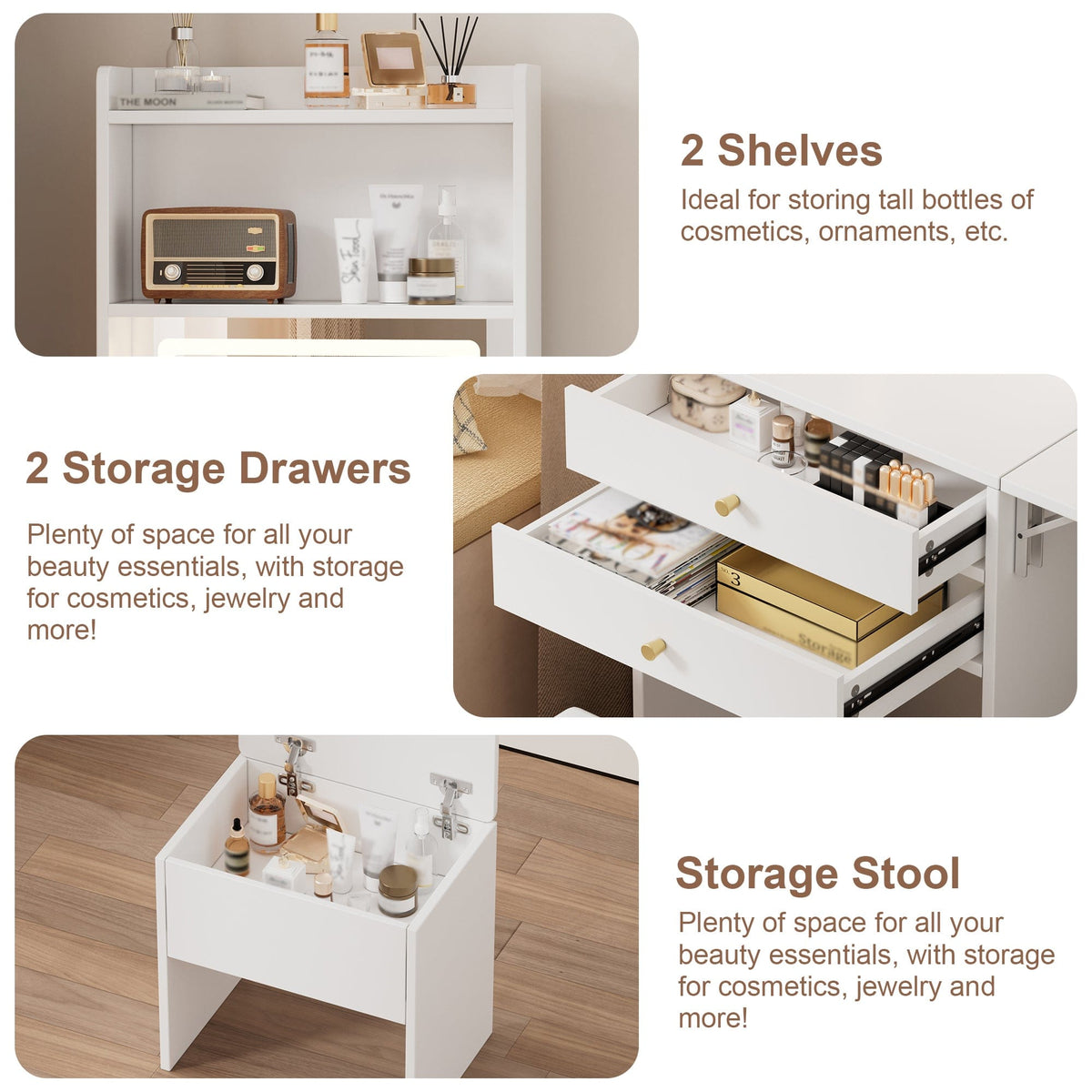 THE FURNITURE CO. Vanity Default Small Space Vanity Table Set with Lighted Mirror and Storage Chair In White