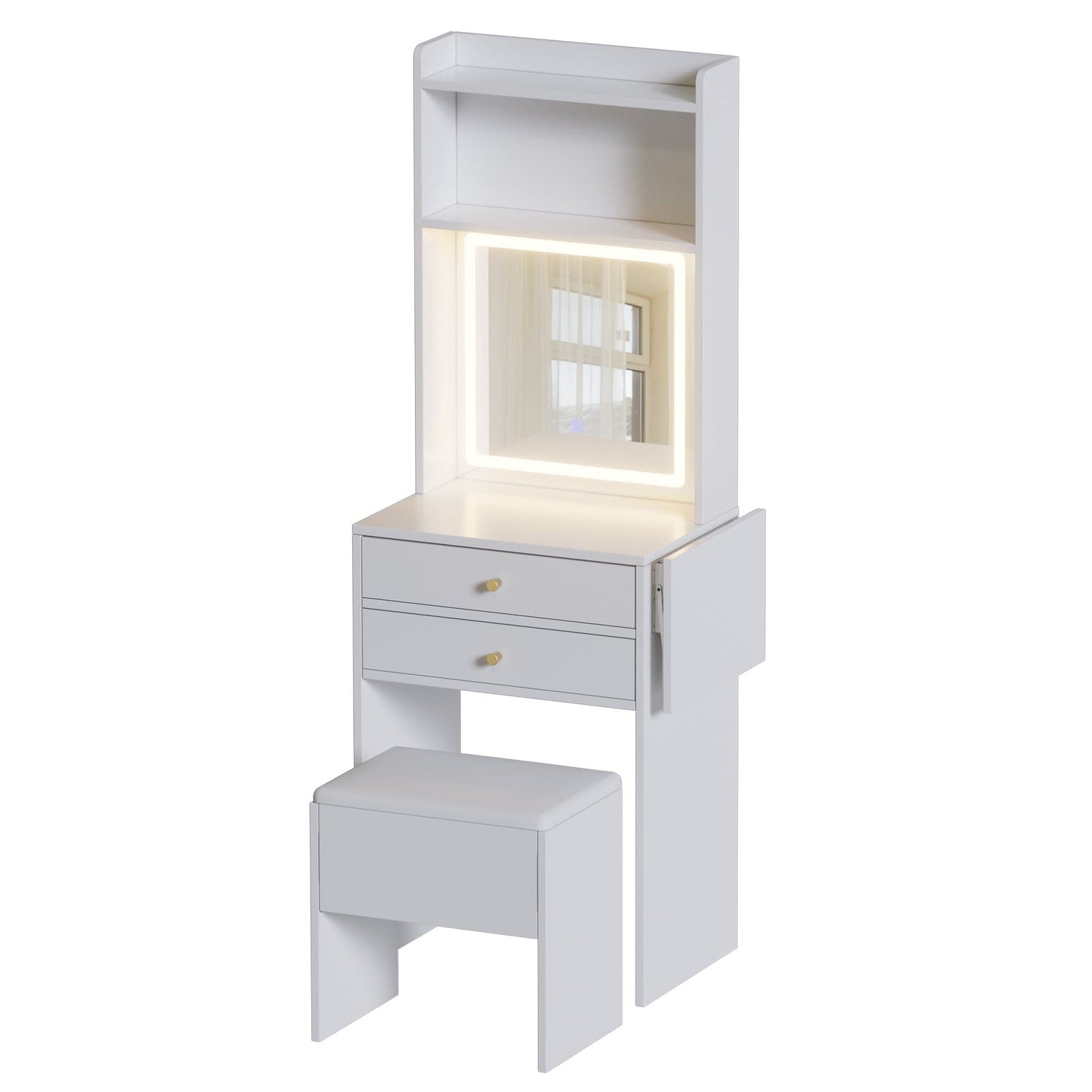 THE FURNITURE CO. Vanity Default Small Space Vanity Table Set with Lighted Mirror and Storage Chair In White