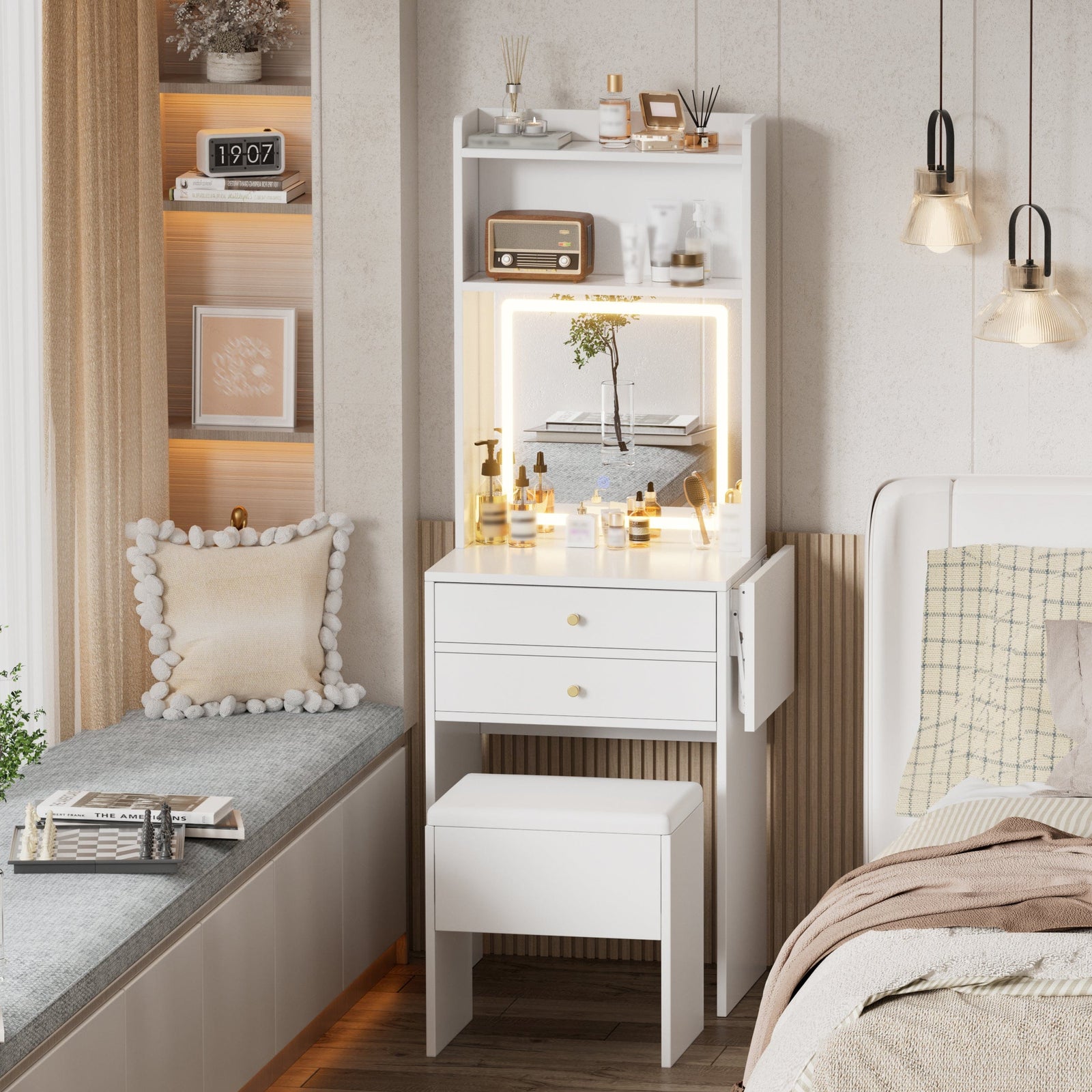 THE FURNITURE CO. Vanity Default Small Space Vanity Table Set with Lighted Mirror and Storage Chair In White