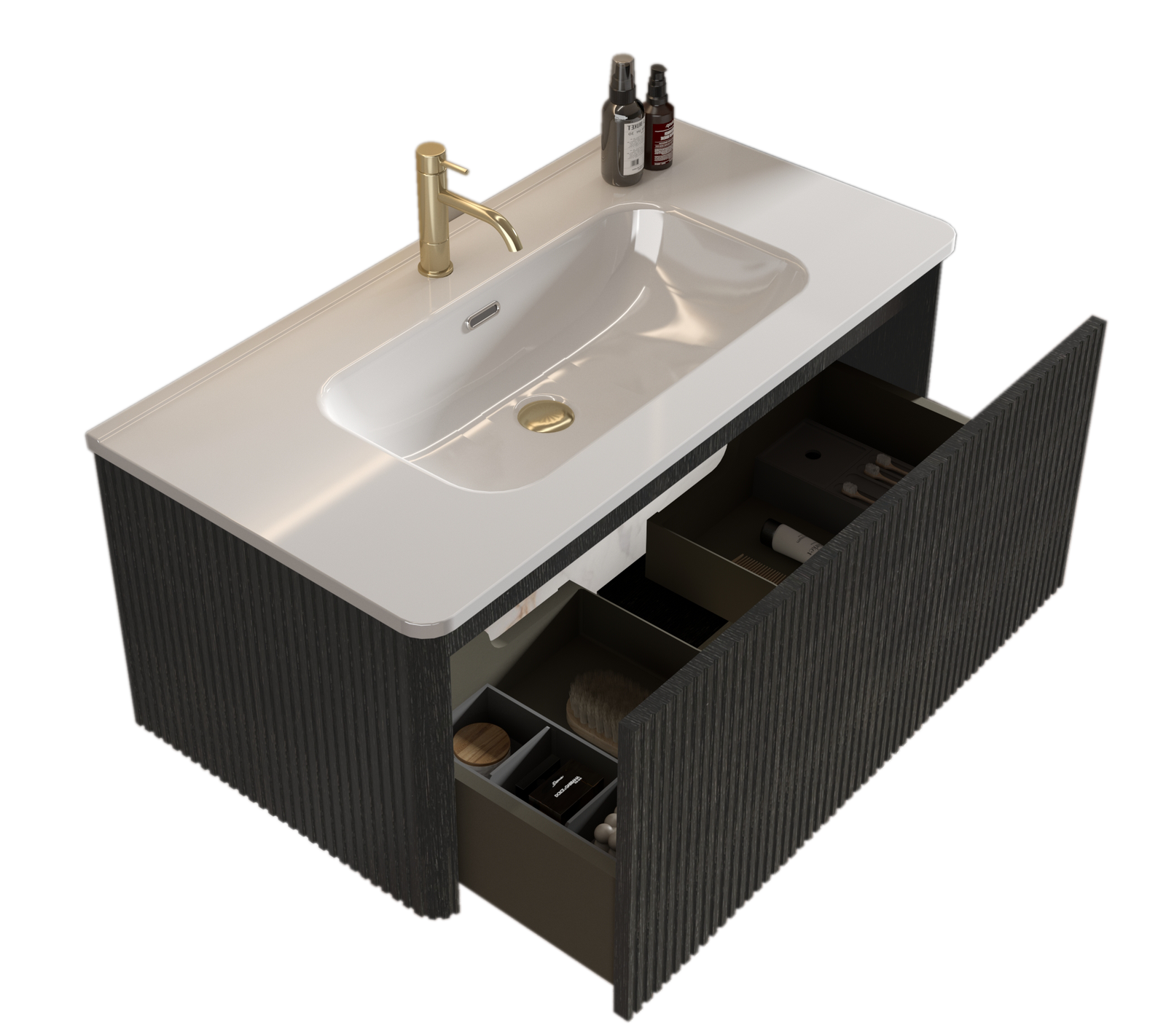 THE FURNITURE CO. Vanity Default Striped Black Oak Floating Bathroom Vanity With White Sink In Black