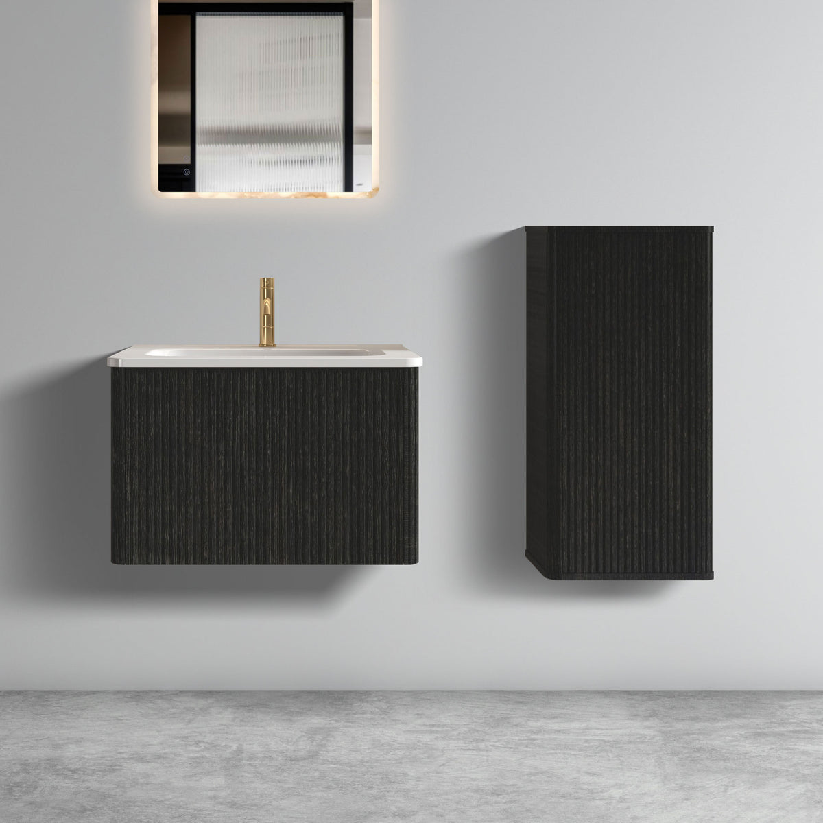 THE FURNITURE CO. Vanity Default Striped Brushed Black Oak Floating Bathroom Vanity with White Ceramic Sink In Black