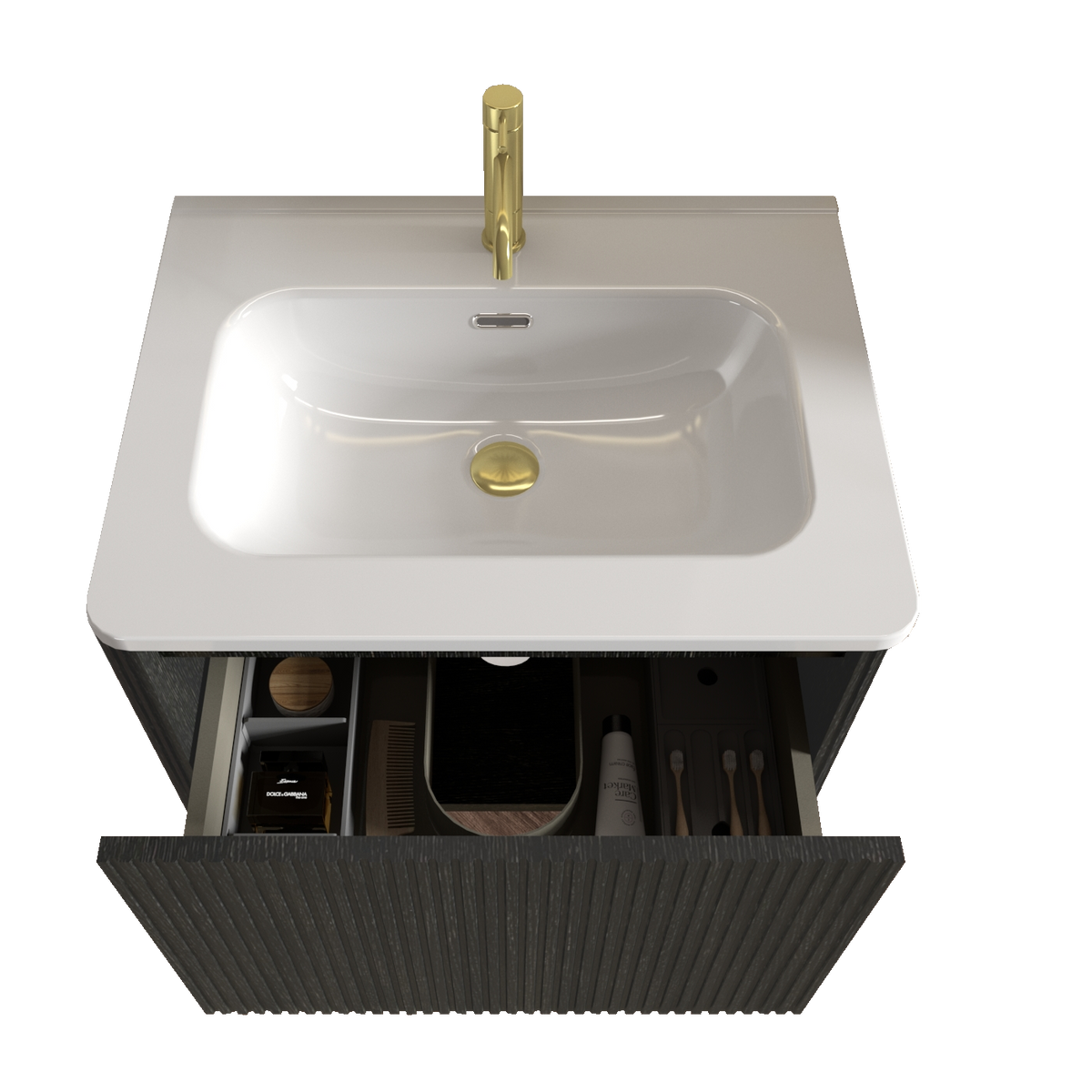 THE FURNITURE CO. Vanity Default Striped Brushed Black Oak Floating Bathroom Vanity with White Ceramic Sink In Black