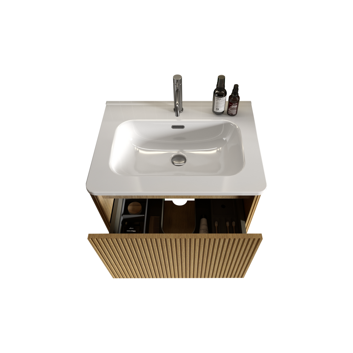 THE FURNITURE CO. Vanity Default Striped Natural Oak Bathroom Vanity with White Ceramic Sink Wall Mounted Floating Design In White and Oak