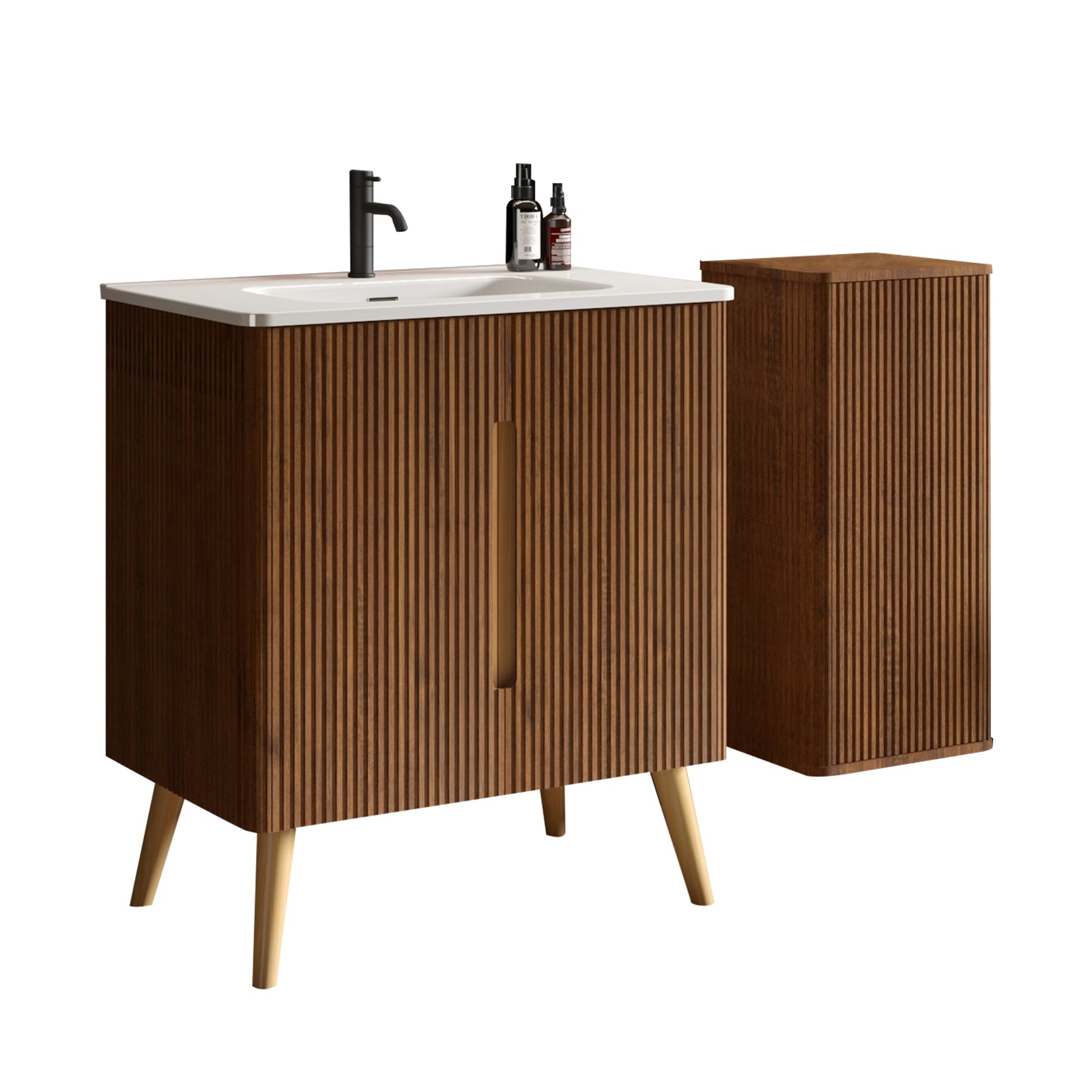 THE FURNITURE CO. Vanity Default Striped Walnut Bathroom Vanity with Sink & Side Cabinet Freestanding and Floating Storage Combo In White and Walnut