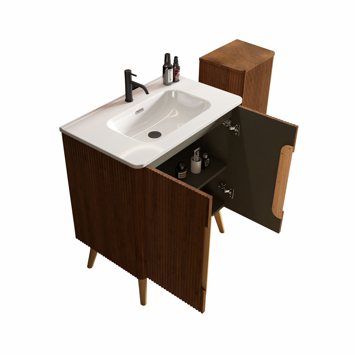 THE FURNITURE CO. Vanity Default Striped Walnut Bathroom Vanity with Sink &amp; Side Cabinet Freestanding and Floating Storage Combo In White and Walnut
