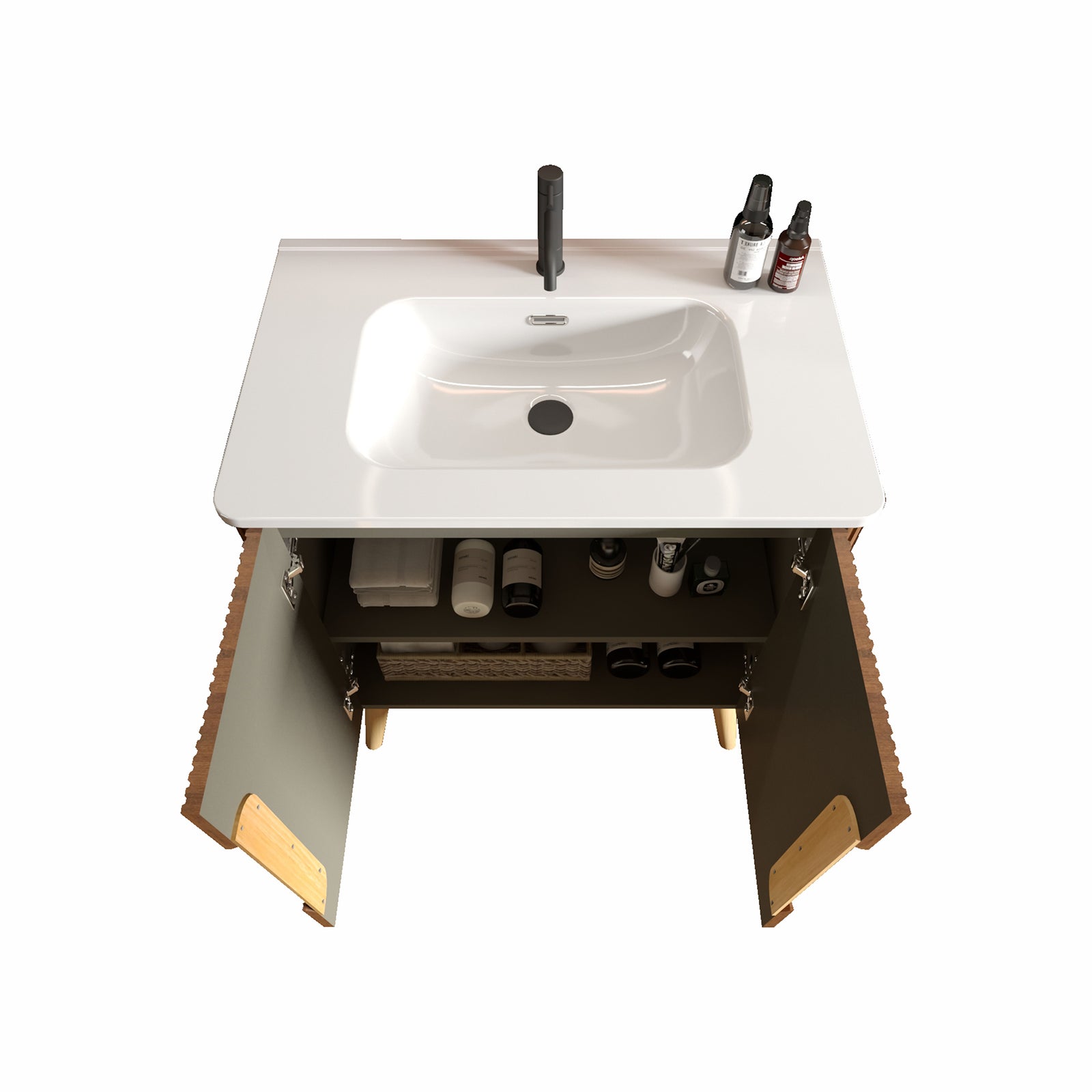 THE FURNITURE CO. Vanity Default Striped Walnut Bathroom Vanity with Sink & Side Cabinet Freestanding and Floating Storage Combo In White and Walnut