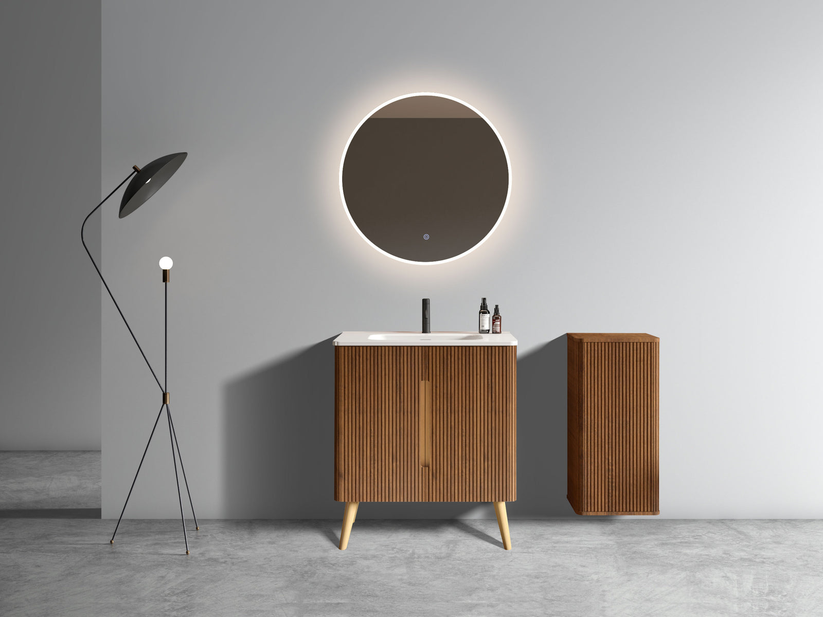 Striped Walnut Bathroom Vanity with Sink & Side Cabinet Freestanding and Floating Storage Combo In White and Walnut