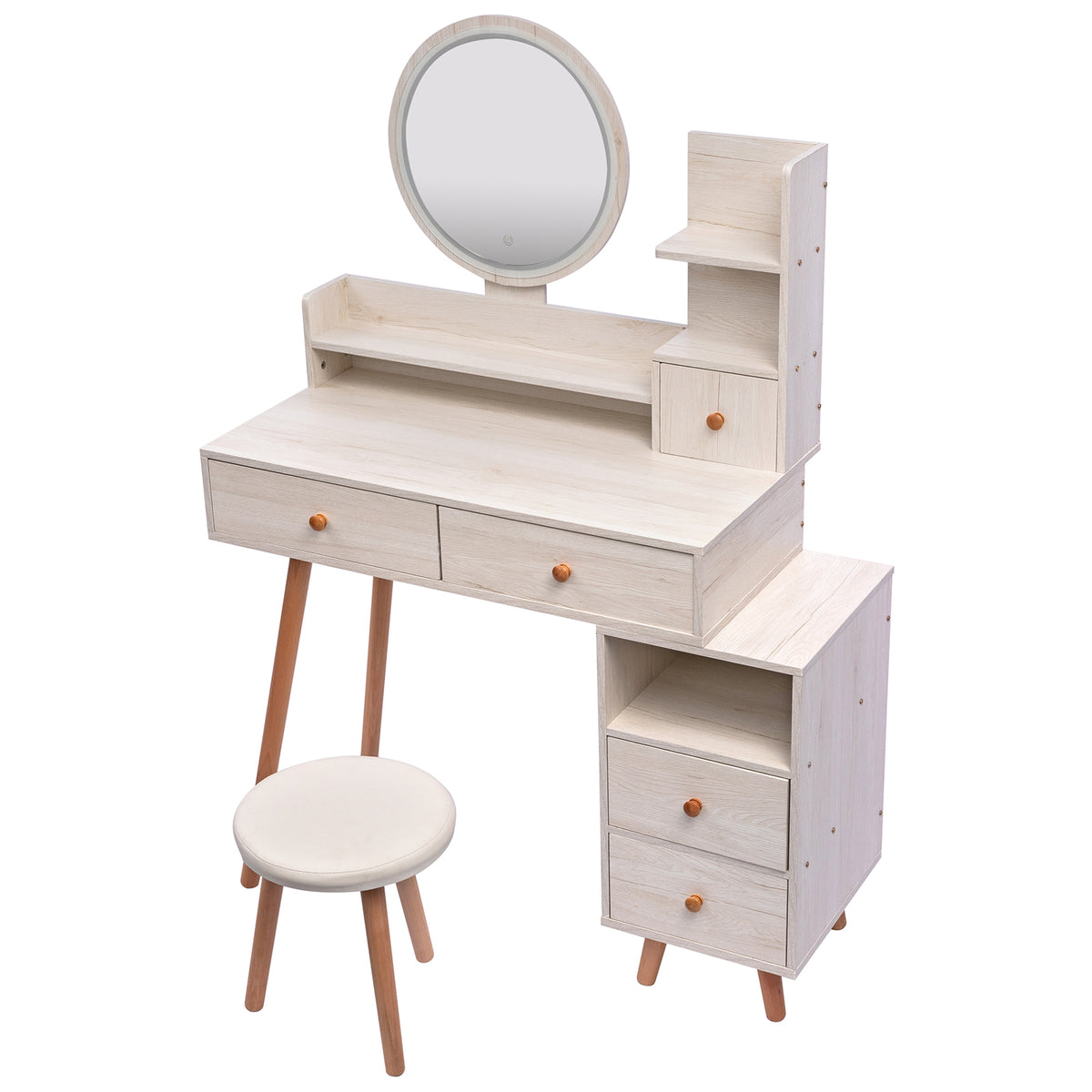 THE FURNITURE CO. Vanity Default Stylish Vanity Table With Cushioned Stool And LED Mirror, Large Capacity Storage Cabinet With 5 Drawers In American White Oak
