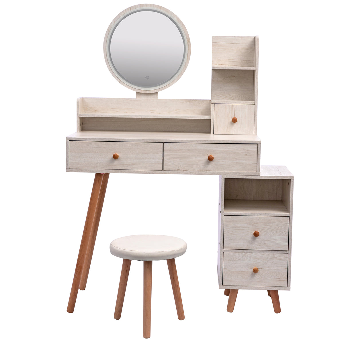 THE FURNITURE CO. Vanity Default Stylish Vanity Table With Cushioned Stool And LED Mirror, Large Capacity Storage Cabinet With 5 Drawers In American White Oak