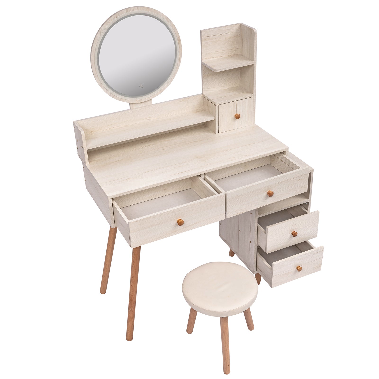 THE FURNITURE CO. Vanity Default Stylish Vanity Table With Cushioned Stool And LED Mirror, Large Capacity Storage Cabinet With 5 Drawers In American White Oak