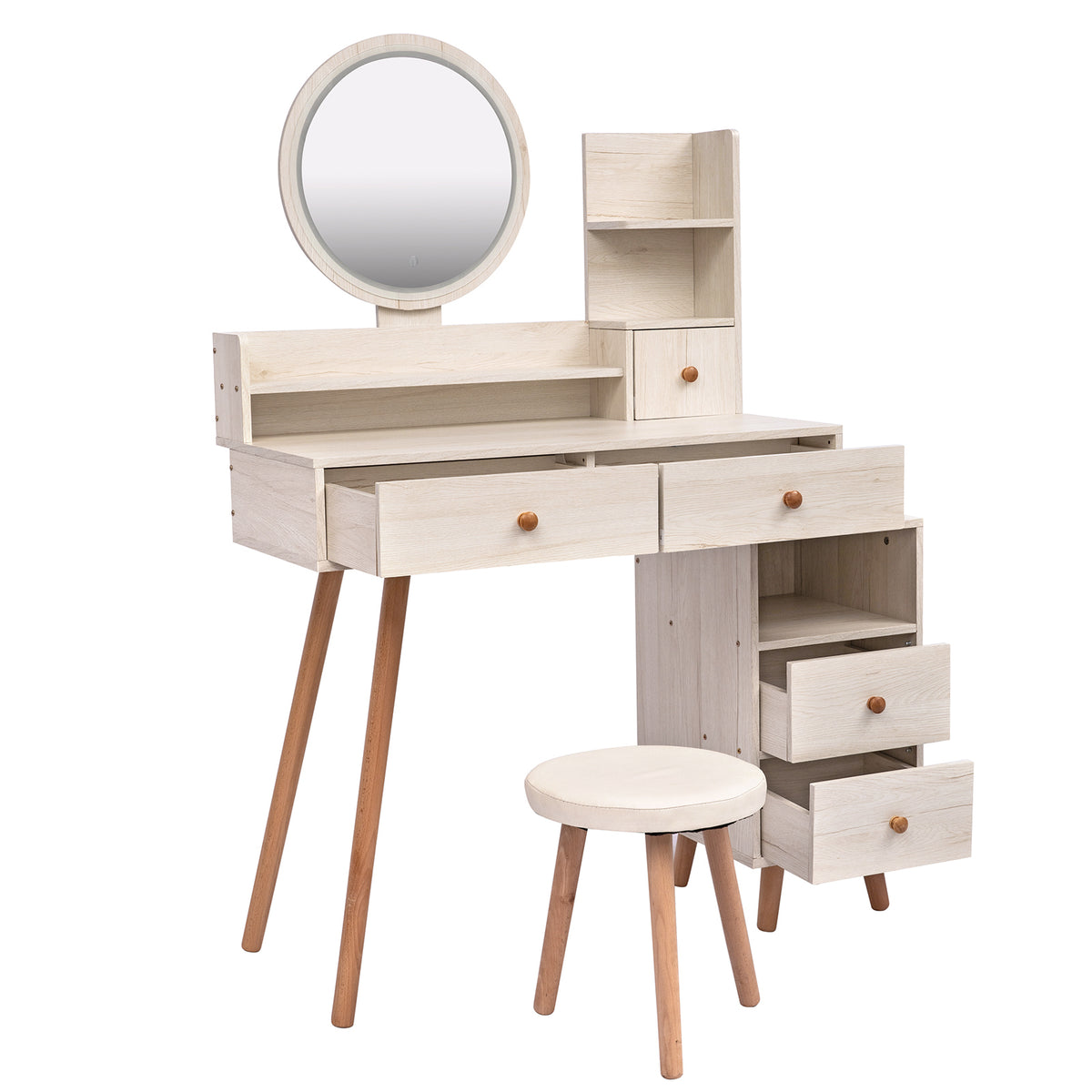 THE FURNITURE CO. Vanity Default Stylish Vanity Table With Cushioned Stool And LED Mirror, Large Capacity Storage Cabinet With 5 Drawers In American White Oak