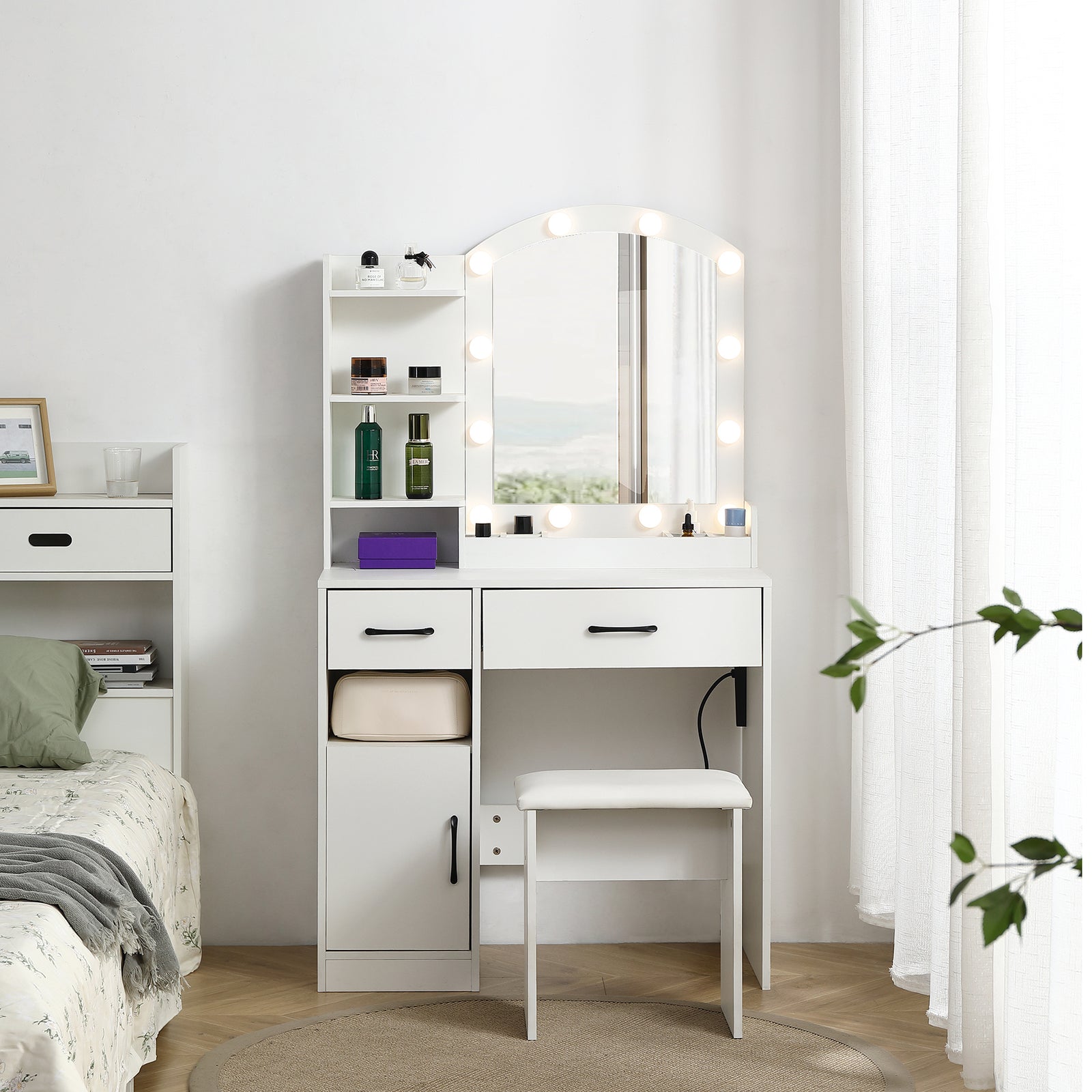 THE FURNITURE CO. Vanity Default Vanity Desk Set With Large Lighted Mirror And Adjustable Brightness In White