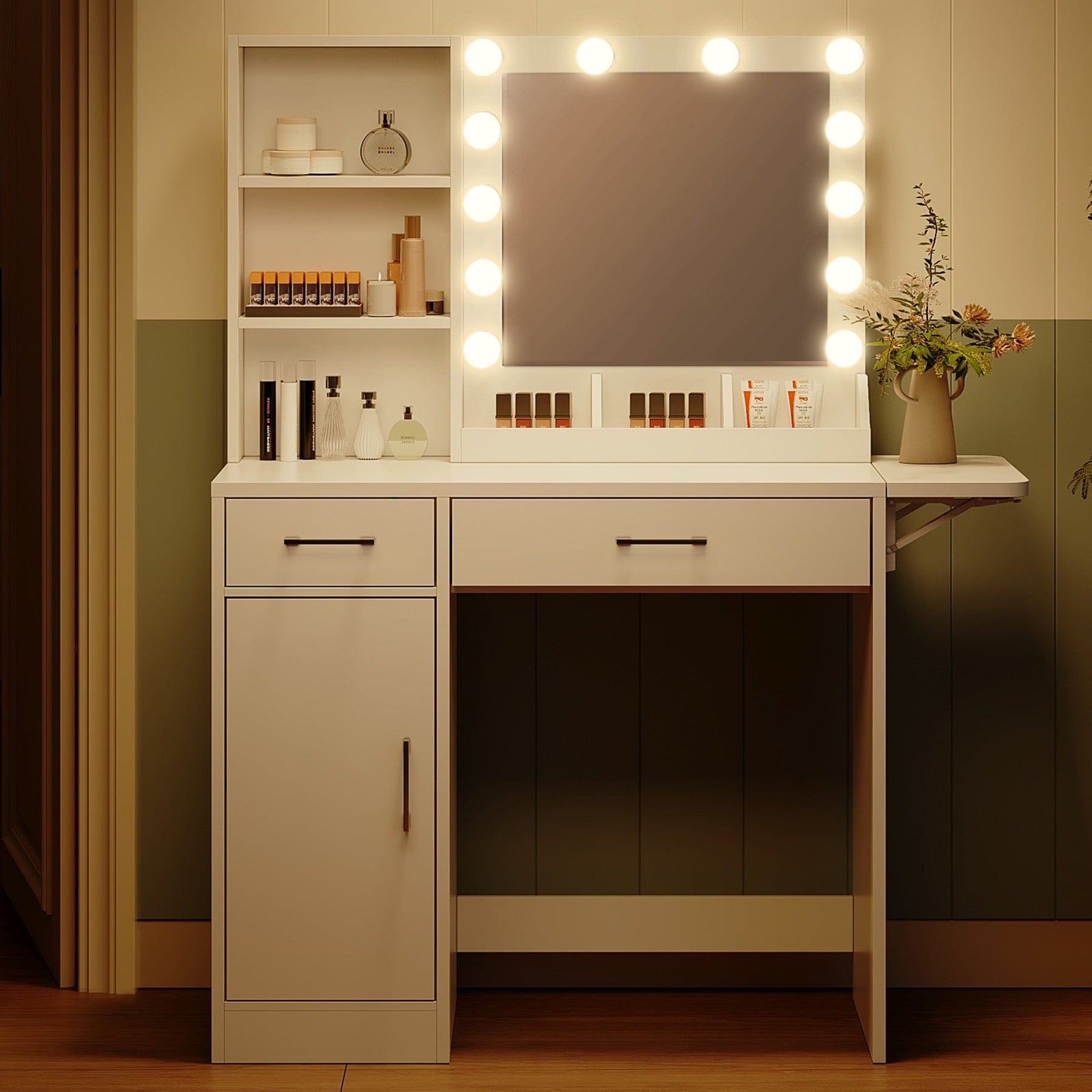 THE FURNITURE CO. Vanity Default Vanity Desk with Drawers & Mirror with Lights Lots Storage In White