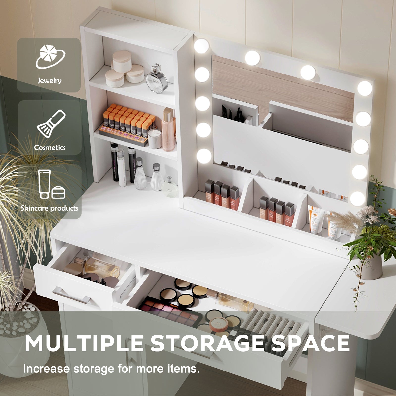 THE FURNITURE CO. Vanity Default Vanity Desk with Drawers & Mirror with Lights Lots Storage In White