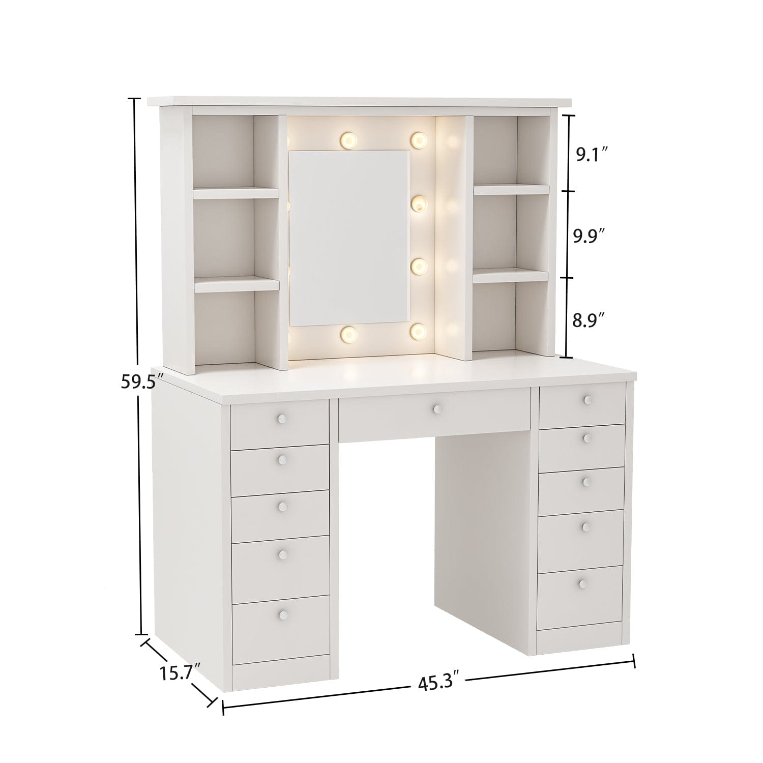 THE FURNITURE CO. Vanity Default Vanity Desk with LED Lighted Mirror and 11 Drawers Adjustable Brightness and Hidden Wiring In White