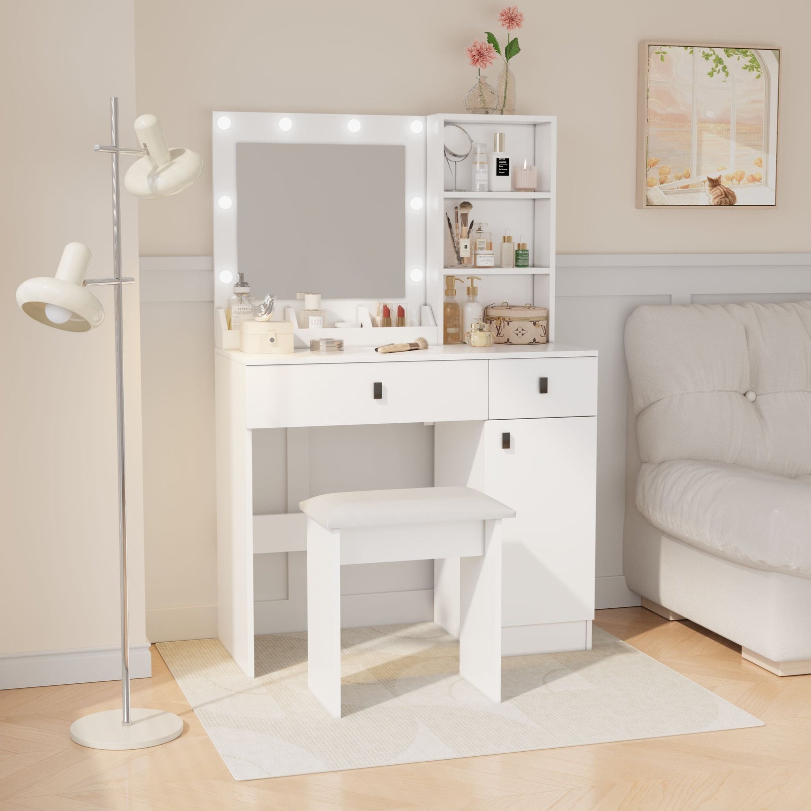 THE FURNITURE CO. Vanity Default Vanity Desk with Lights and Adjustable Mirror for Makeup Storage with Large Drawers and Shelves In White