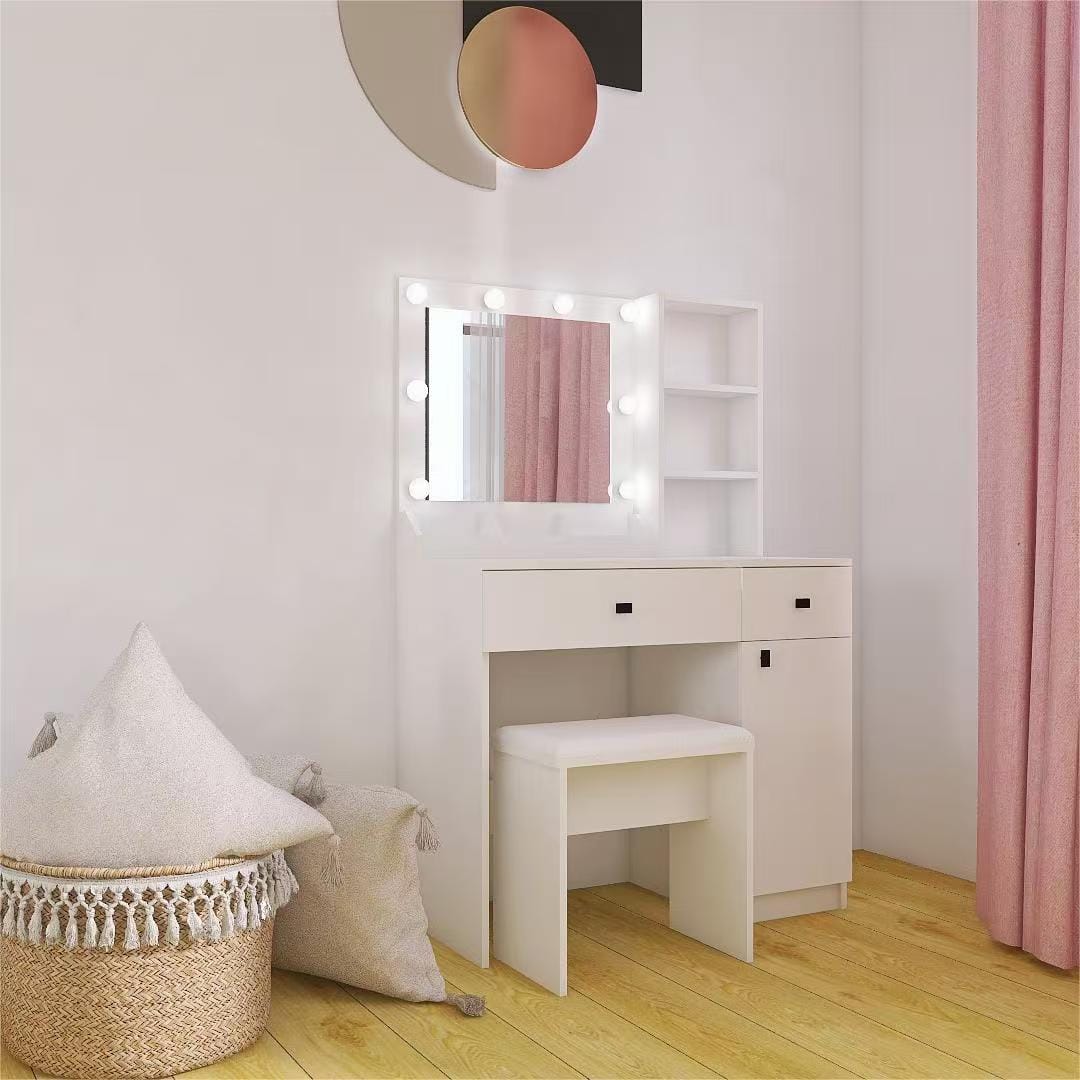 THE FURNITURE CO. Vanity Default Vanity Desk with Lights and Adjustable Mirror for Makeup Storage with Large Drawers and Shelves In White