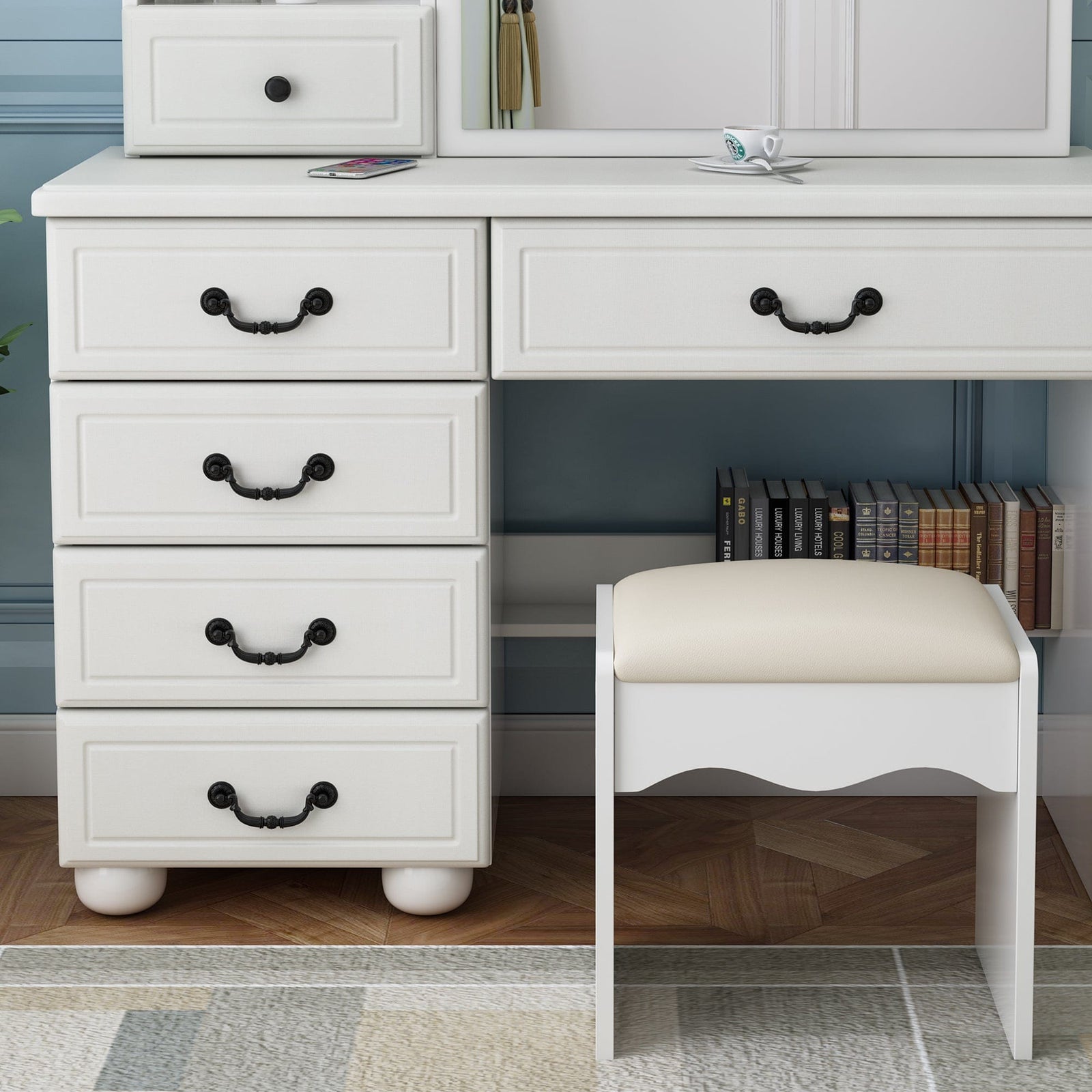 THE FURNITURE CO. Vanity Default Vanity Desk with Mirror and Adjustable Lights for Makeup with 6 Drawers In White