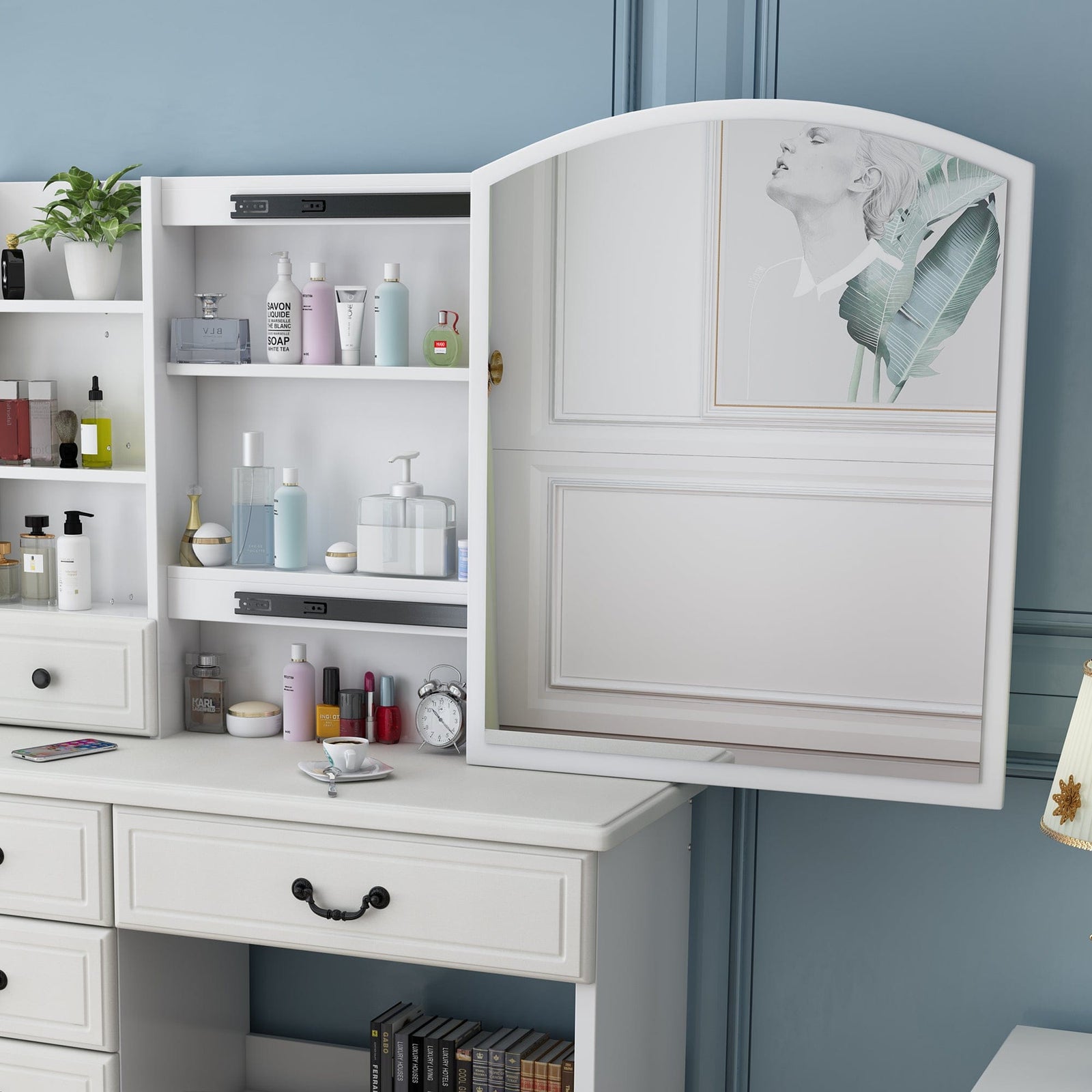 THE FURNITURE CO. Vanity Default Vanity Desk with Mirror and Adjustable Lights for Makeup with 6 Drawers In White