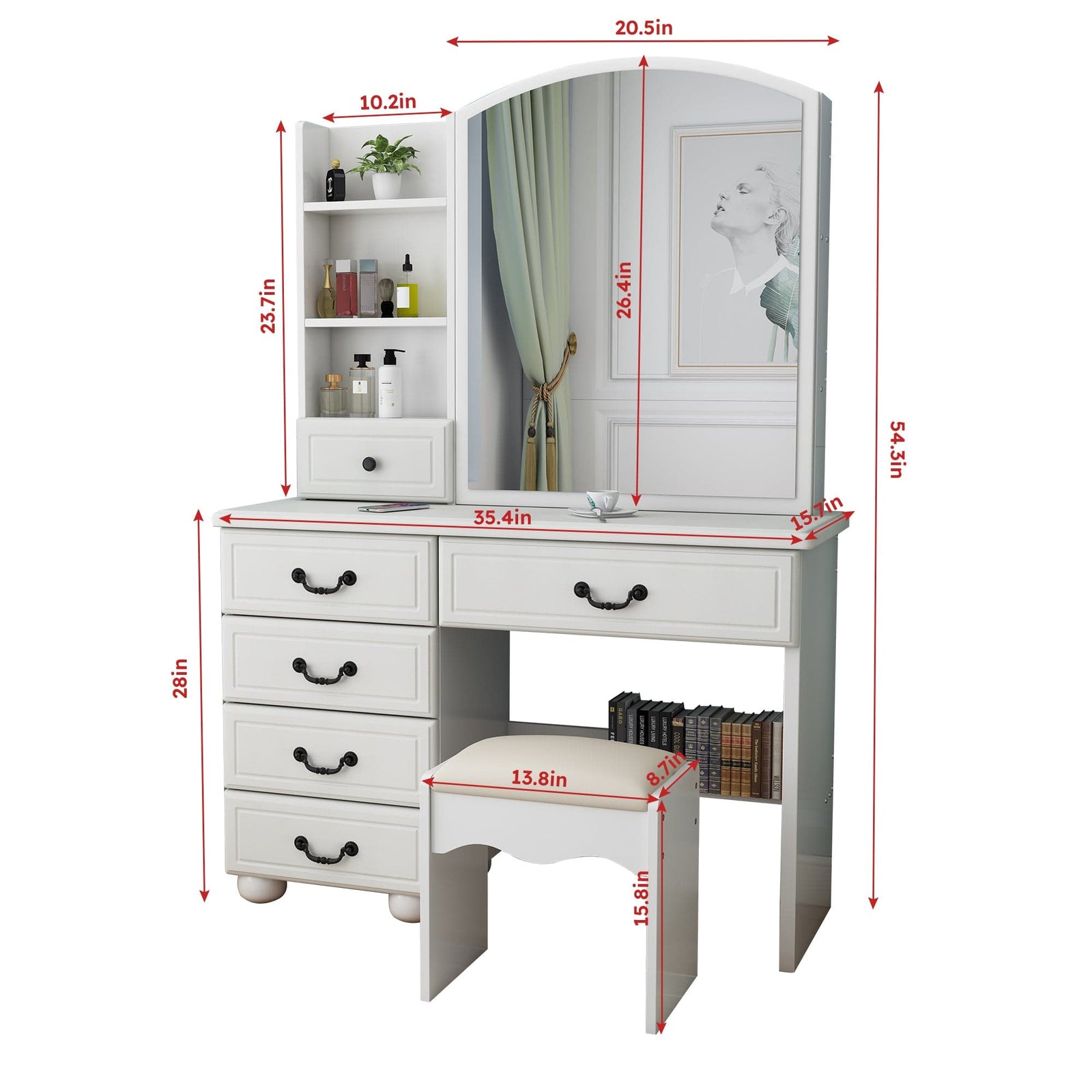 THE FURNITURE CO. Vanity Default Vanity Desk with Mirror and Adjustable Lights for Makeup with 6 Drawers In White