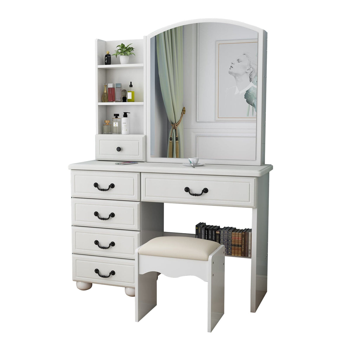 THE FURNITURE CO. Vanity Default Vanity Desk with Mirror and Adjustable Lights for Makeup with 6 Drawers In White