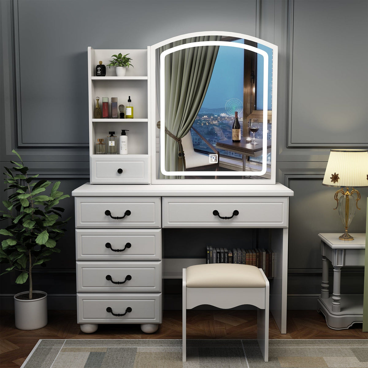 THE FURNITURE CO. Vanity Default Vanity Desk with Mirror and Adjustable Lights for Makeup with 6 Drawers In White