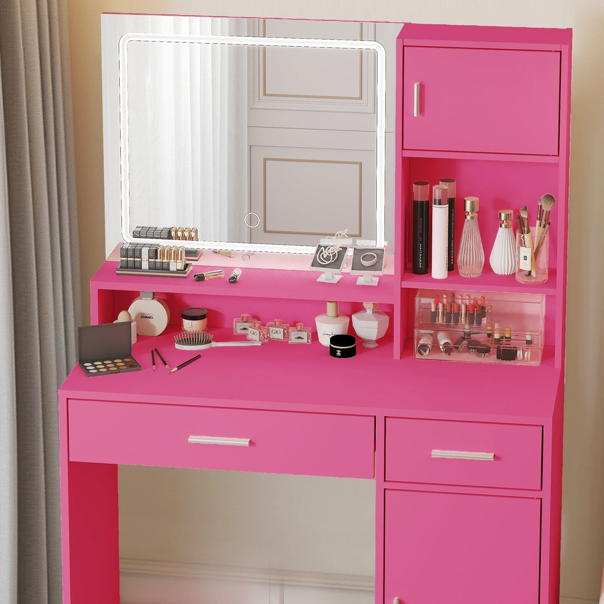 THE FURNITURE CO. Vanity Default Vanity Desk with Mirror and LED Light Strip for Makeup, Large Drawer and 3 Level Storage, Adjustable Brightness In Rose Pink