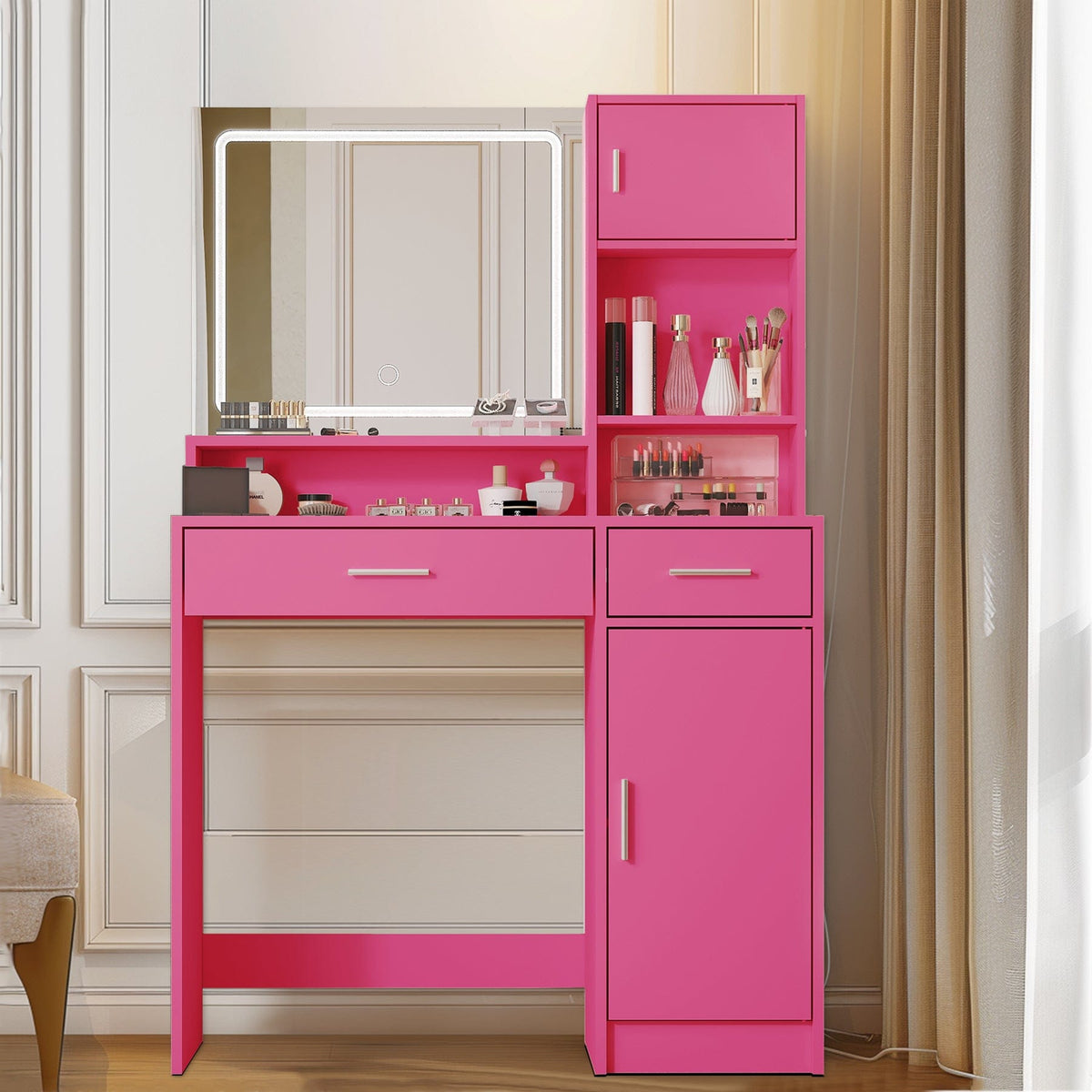 THE FURNITURE CO. Vanity Default Vanity Desk with Mirror and LED Light Strip for Makeup, Large Drawer and 3 Level Storage, Adjustable Brightness In Rose Pink