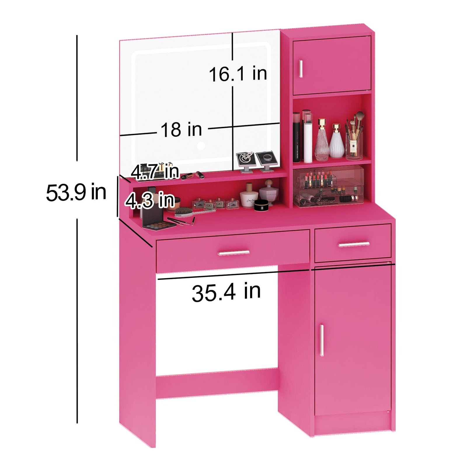 THE FURNITURE CO. Vanity Default Vanity Desk with Mirror and LED Light Strip for Makeup, Large Drawer and 3 Level Storage, Adjustable Brightness In Rose Pink