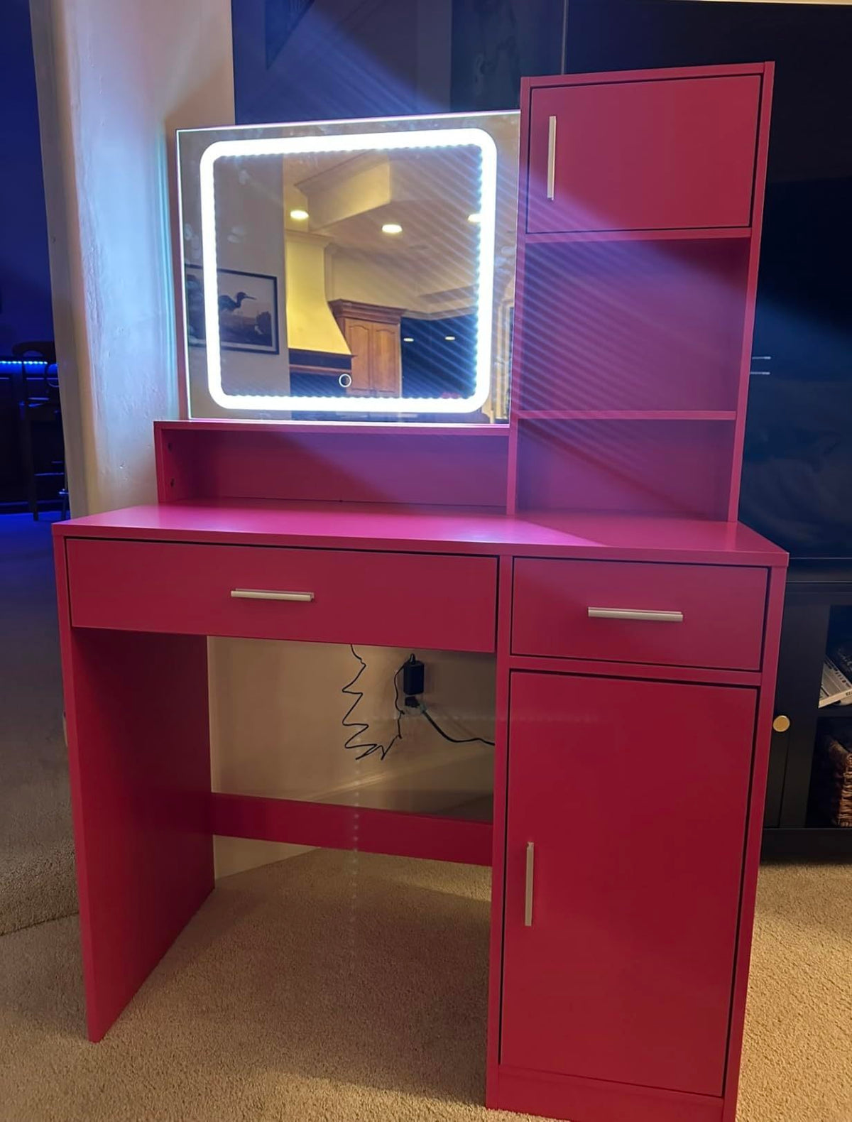 THE FURNITURE CO. Vanity Default Vanity Desk with Mirror and LED Light Strip for Makeup, Large Drawer and 3 Level Storage, Adjustable Brightness In Rose Pink