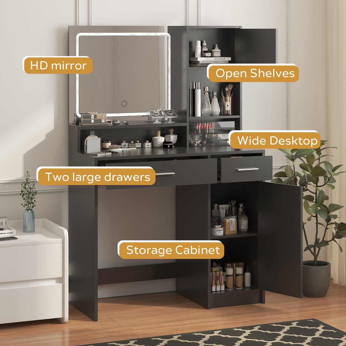 THE FURNITURE CO. Vanity Default Vanity Desk with Mirror and LED Light Strip Large Drawer 3 Level Storage Dresser 3 Lighting Modes Adjustable Brightness In Black