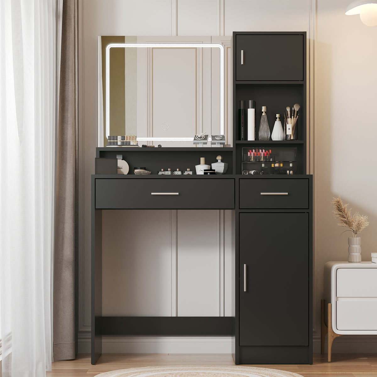 THE FURNITURE CO. Vanity Default Vanity Desk with Mirror and LED Light Strip Large Drawer 3 Level Storage Dresser 3 Lighting Modes Adjustable Brightness In Black