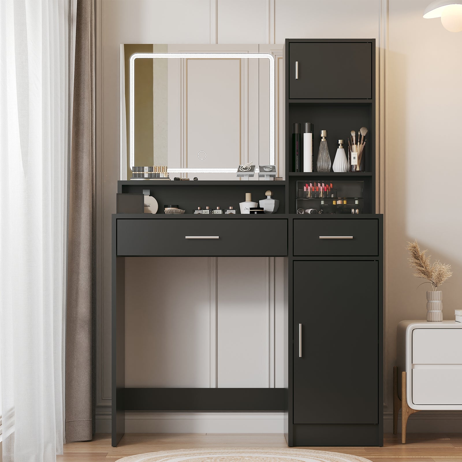 THE FURNITURE CO. Vanity Default Vanity Desk with Mirror and LED Light Strip Large Drawer 3 Level Storage Dresser 3 Lighting Modes Adjustable Brightness In Black