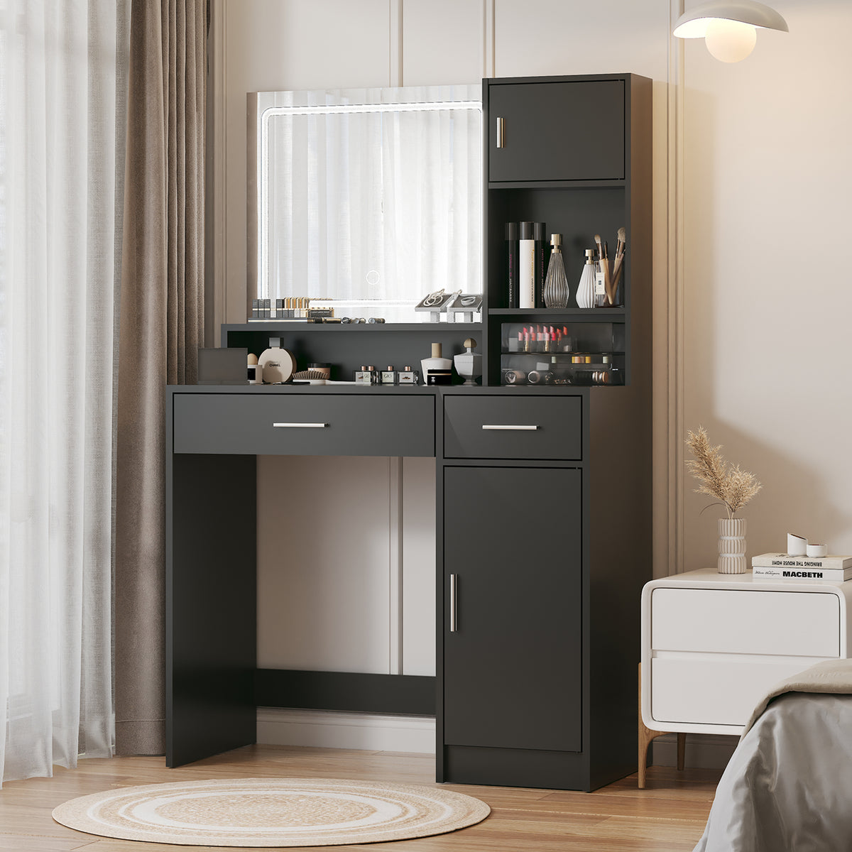 THE FURNITURE CO. Vanity Default Vanity Desk with Mirror and LED Light Strip Large Drawer 3 Level Storage Dresser 3 Lighting Modes Adjustable Brightness In Black