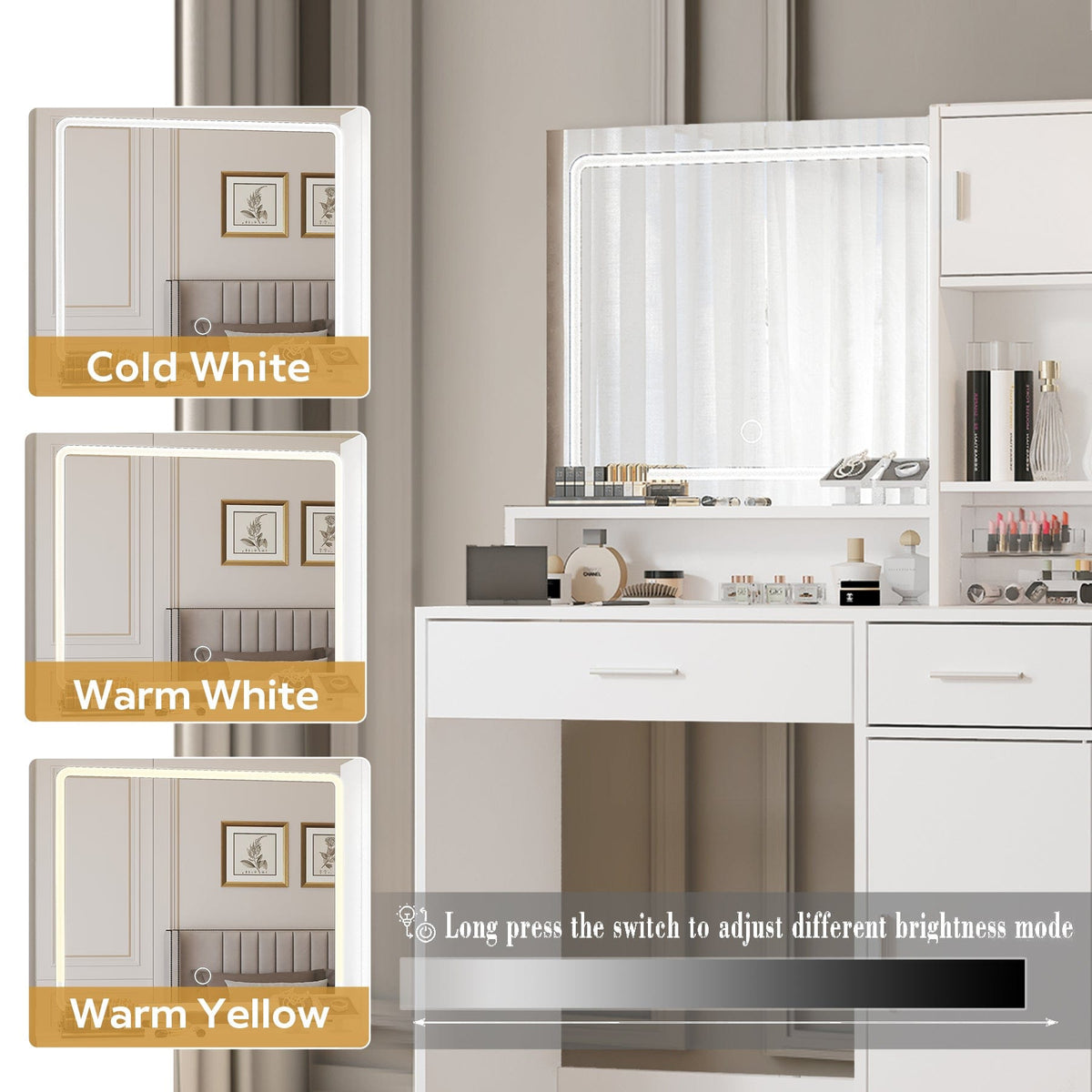 THE FURNITURE CO. Vanity Default Vanity Desk with Mirror and LED Light Strip Large Drawer 3 Level Storage Dresser 3 Lighting Modes Adjustable Brightness In White