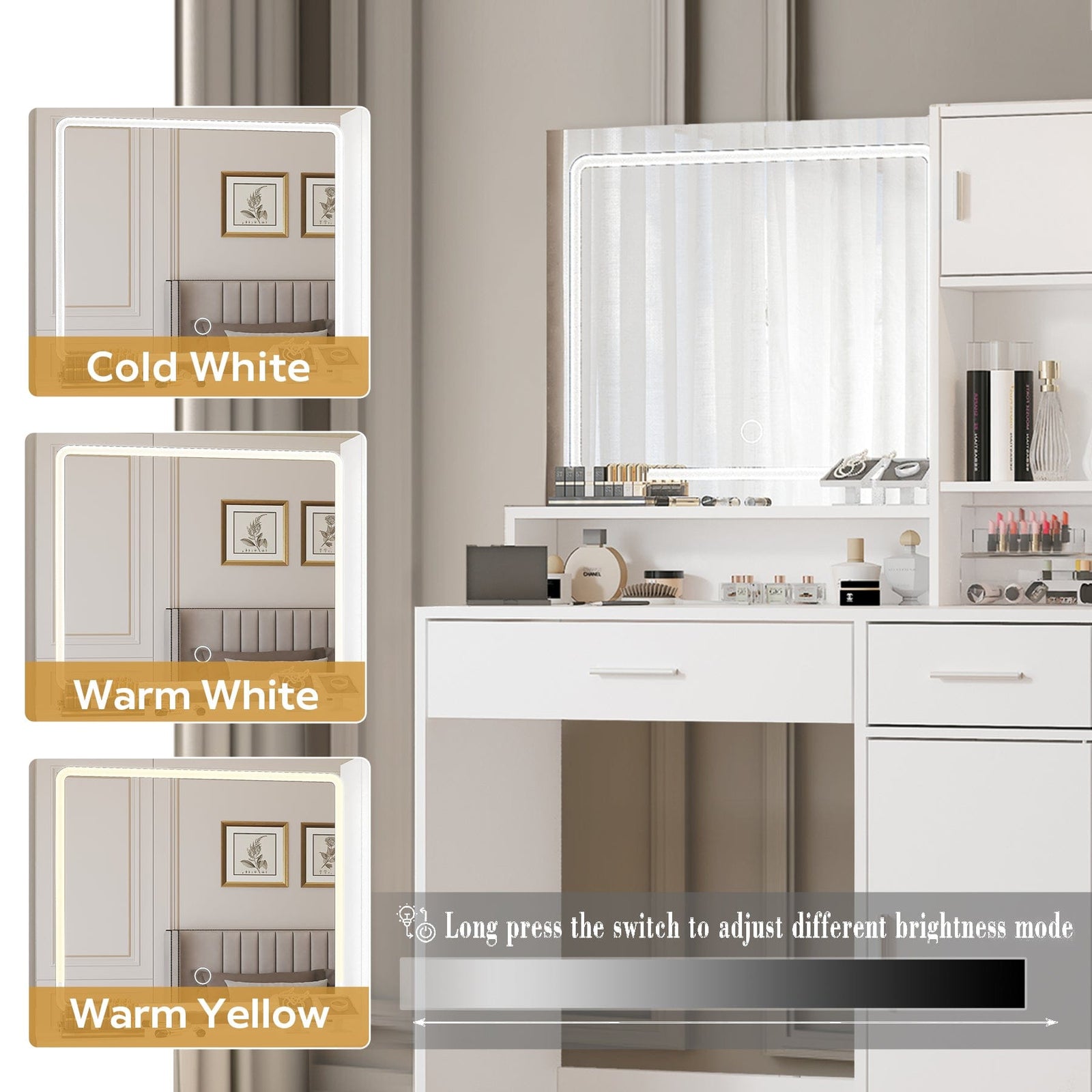 THE FURNITURE CO. Vanity Default Vanity Desk with Mirror and LED Light Strip Large Drawer 3 Level Storage Dresser 3 Lighting Modes Adjustable Brightness In White