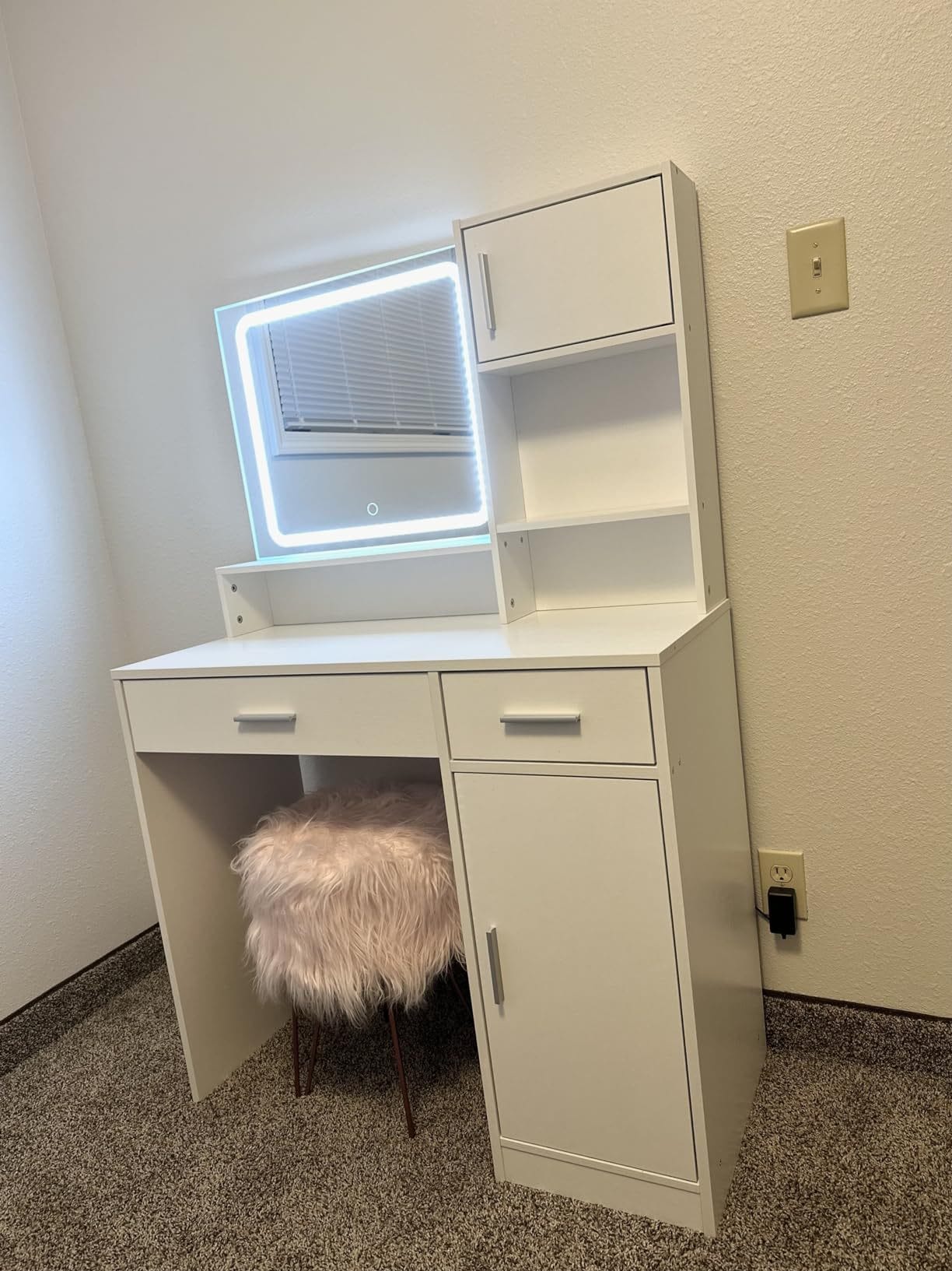 THE FURNITURE CO. Vanity Default Vanity Desk with Mirror and LED Light Strip Large Drawer 3 Level Storage Dresser 3 Lighting Modes Adjustable Brightness In White