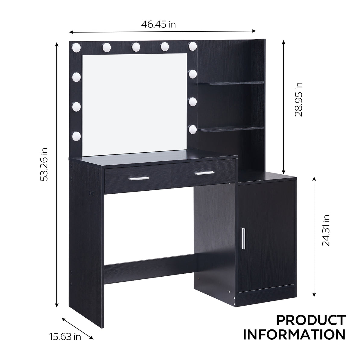 THE FURNITURE CO. Vanity Default Vanity Desk with Mirror and Lights 46.4IN Dressing Table with 2 Drawers and Vertical Organizer 3 Adjustable Brightness Modes In Black