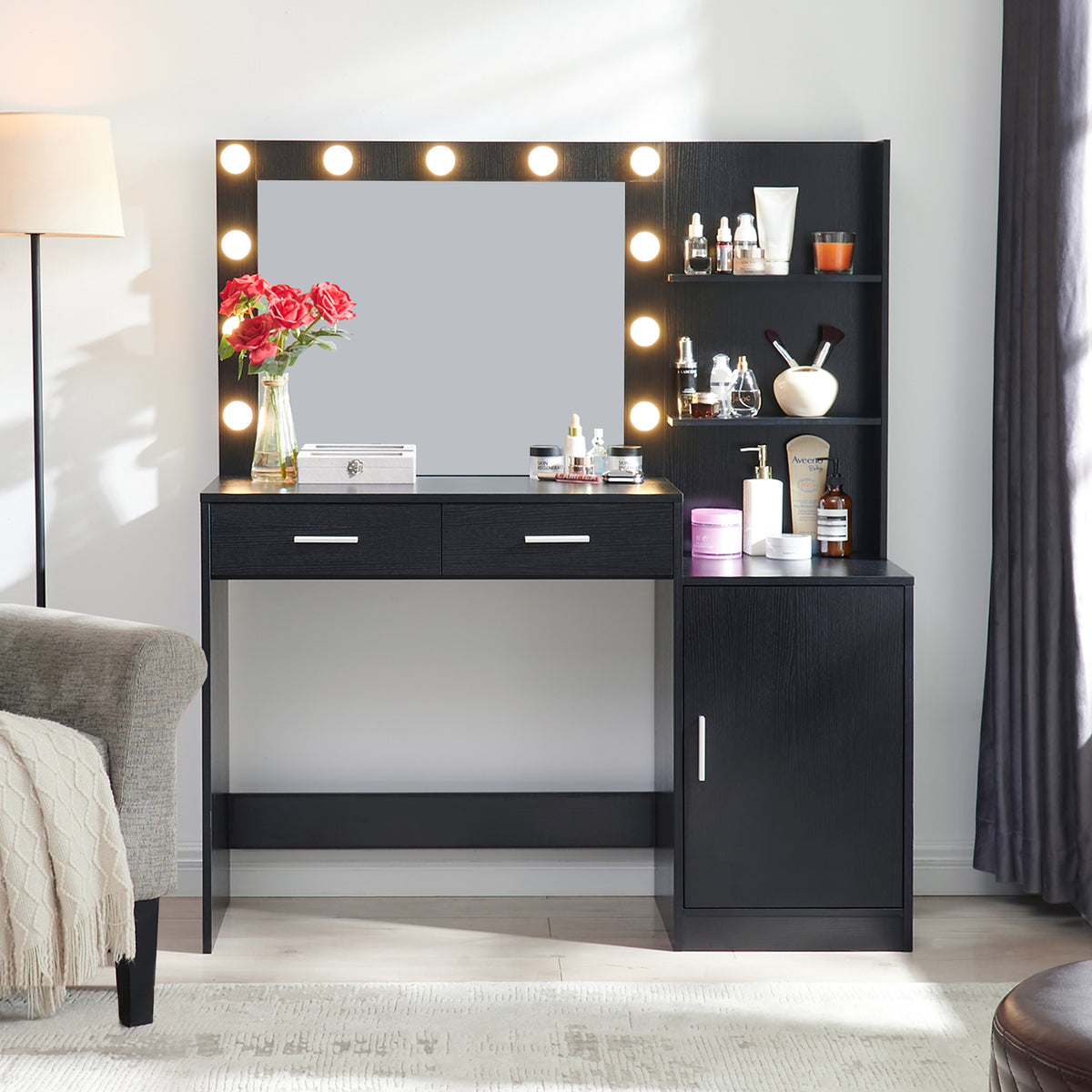 THE FURNITURE CO. Vanity Default Vanity Desk with Mirror and Lights 46.4IN Dressing Table with 2 Drawers and Vertical Organizer 3 Adjustable Brightness Modes In Black